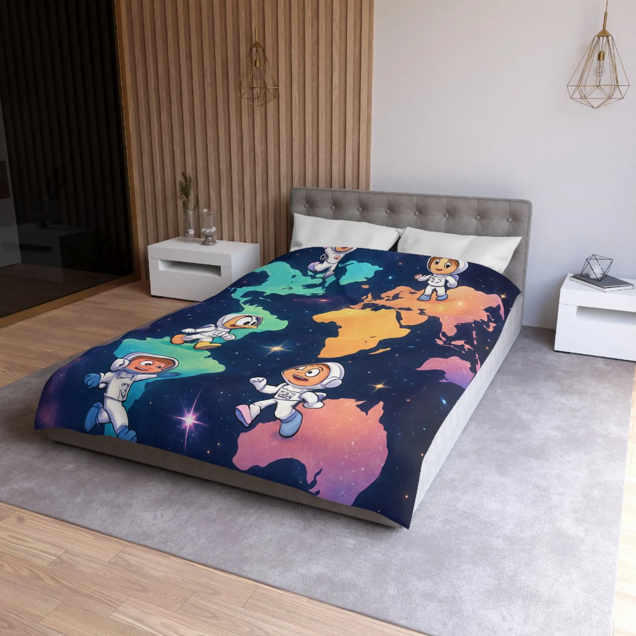 Housse de Couette Astronaute Enfantine Arc-en-Ciel Monde Spacieux Carte Terre Étoilée Cosmonautes Rêveurs