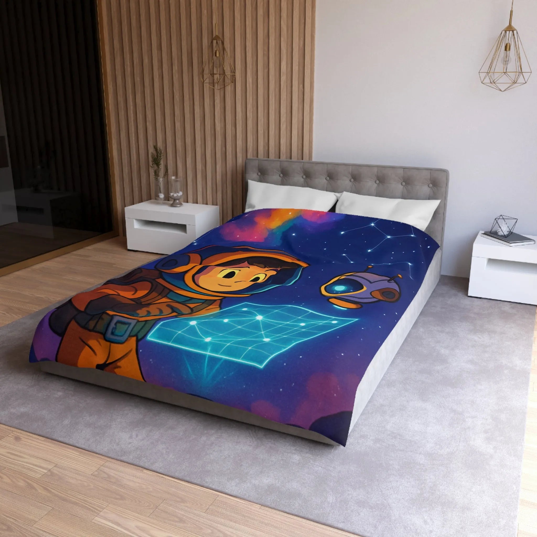 Housse de Couette Enfantine Astronaute et Robot Explorent le Ciel Étoilé Fantastique