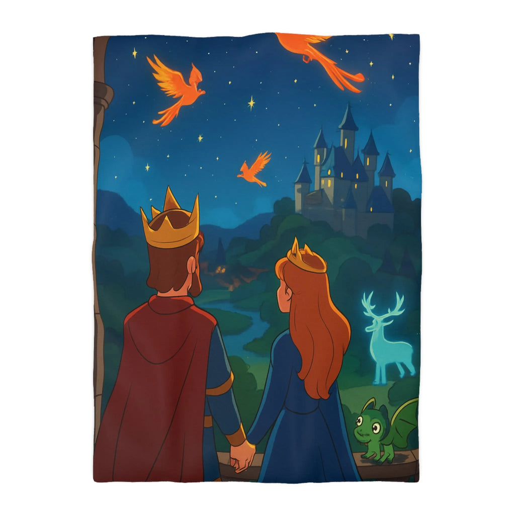 Housse de couette magique avec roi, reine et château sous ciel étoilé enchanté