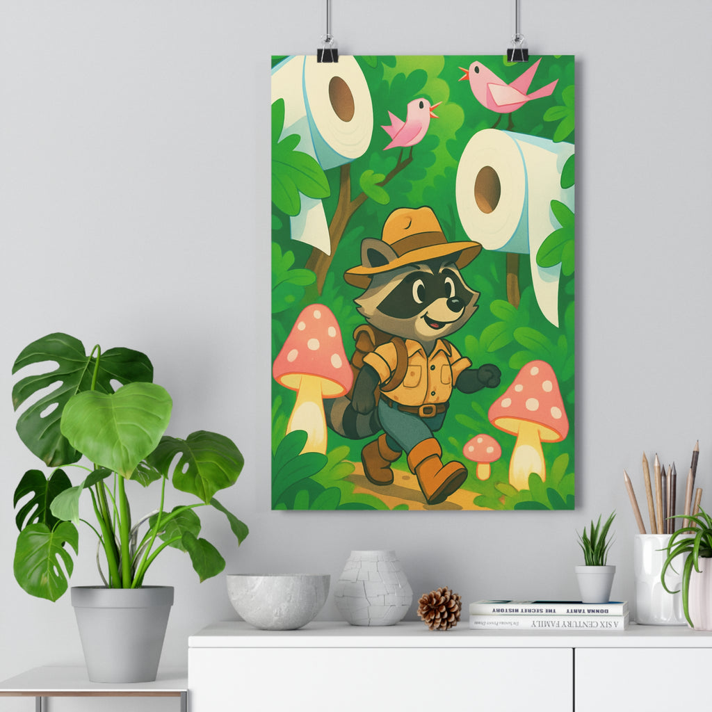 Poster décoratif enfant joyeux forêt raton laveur vert rose cartoon aventure magique chantant lumineux