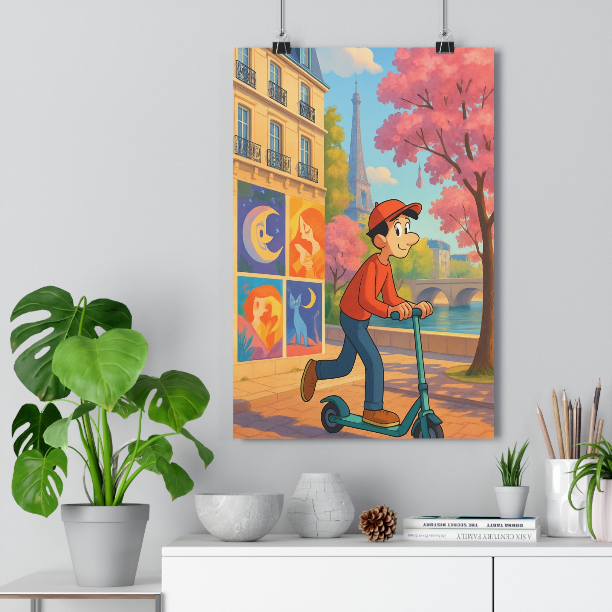 Poster décoratif moderne Paris trottinette joyeux tour Eiffel ciel bleu salon intérieur vibrant qualité