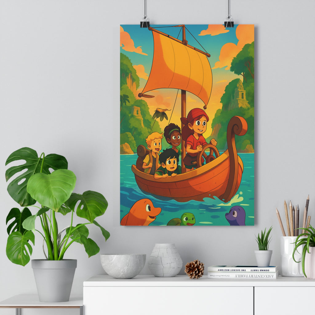Poster décoratif aventure maritime enfants turquoise style cartoon chambre joyeux créatures fantaisie îles voilier