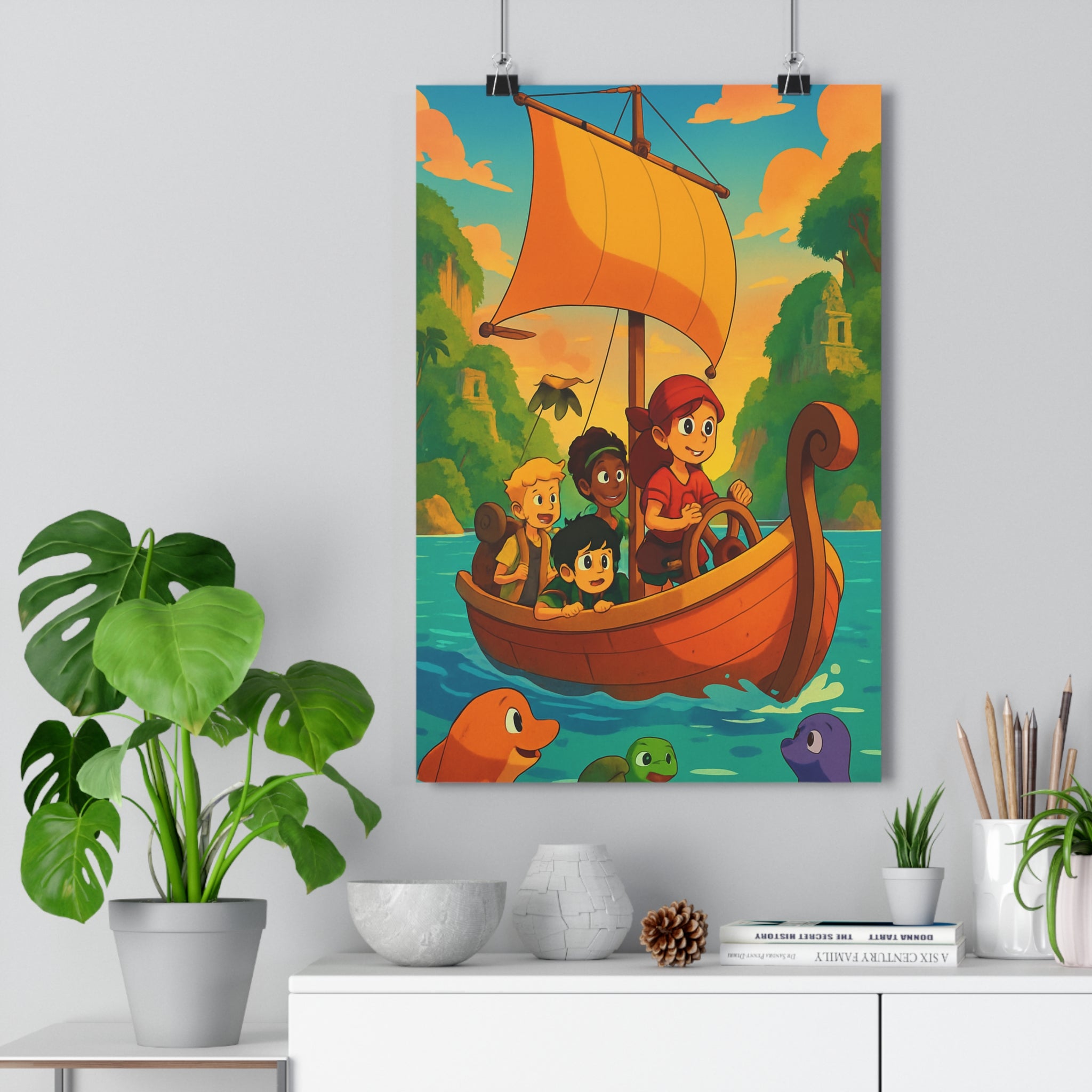 Poster décoratif aventure maritime enfants turquoise style cartoon chambre joyeux créatures fantaisie îles voilier