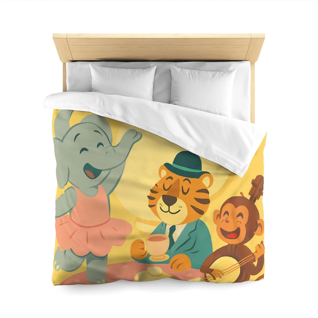 Housse de couette enfantine colorée avec éléphant, tigre et singe en fête joyeuse