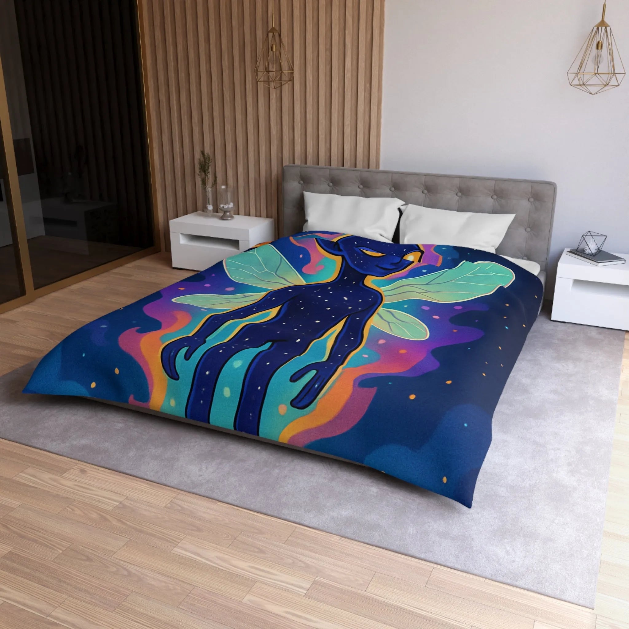 Housse de couette féerique avec créature cosmique et ailes éthérées pour chambre unique