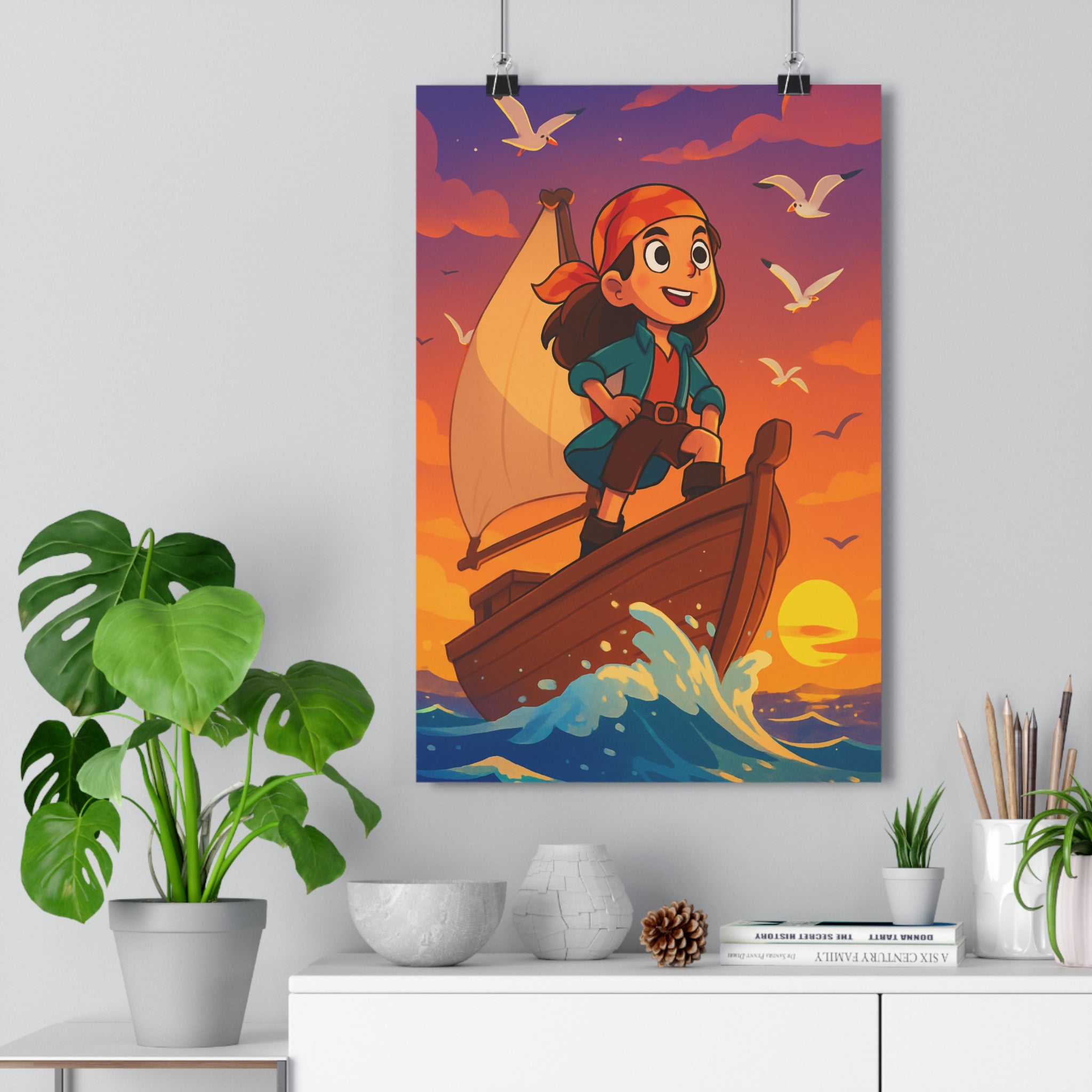 Poster décoratif coloré aventurier maritime coucher soleil océan vagues cartoon joyeux chambre enfant qualité