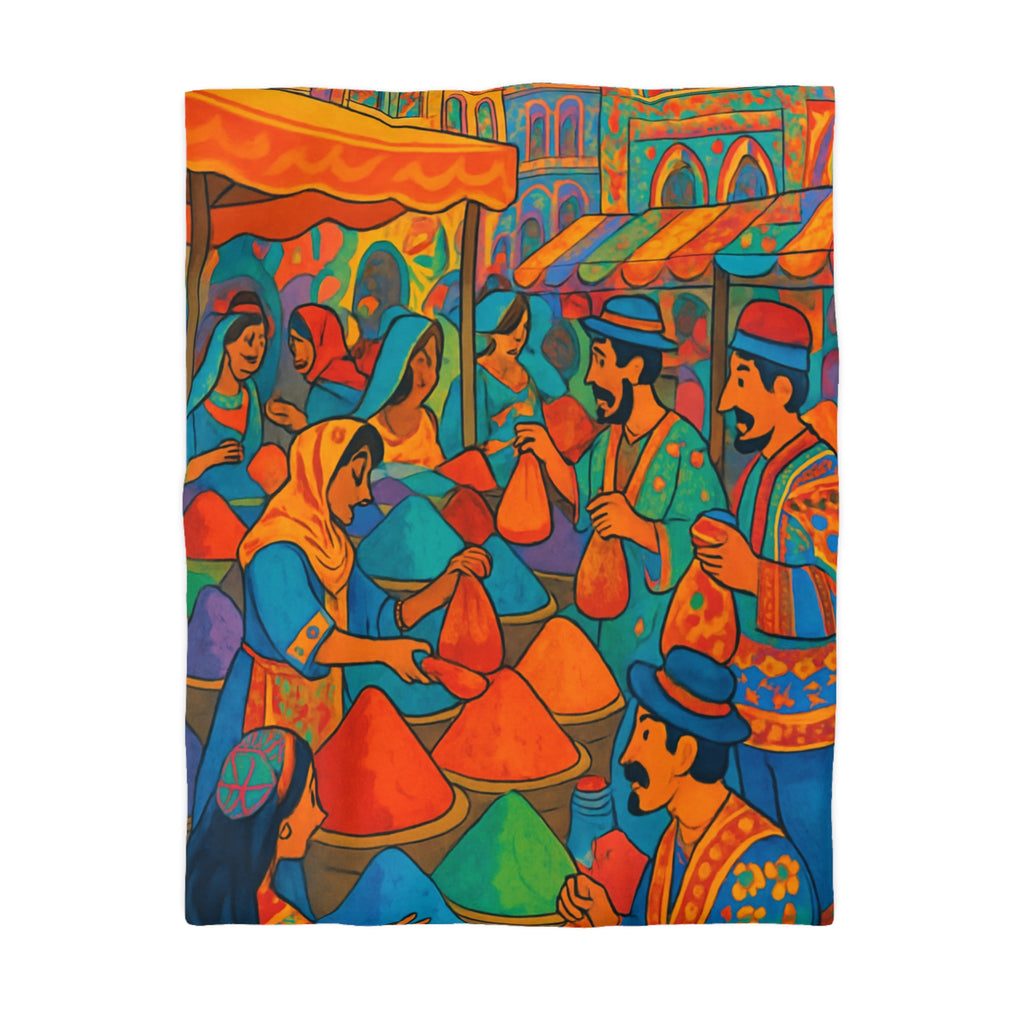 Housse de couette vibrante et colorée avec motifs de marché animé en Orient