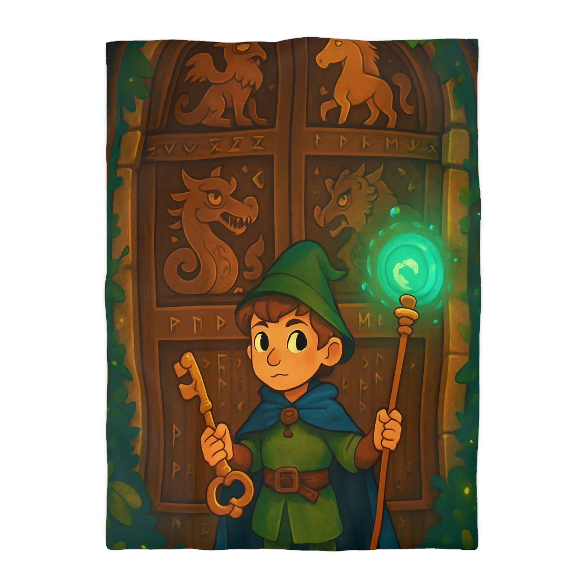 Housse de couette avec illustration enchantée de sorcier devant porte mystérieuse boisée