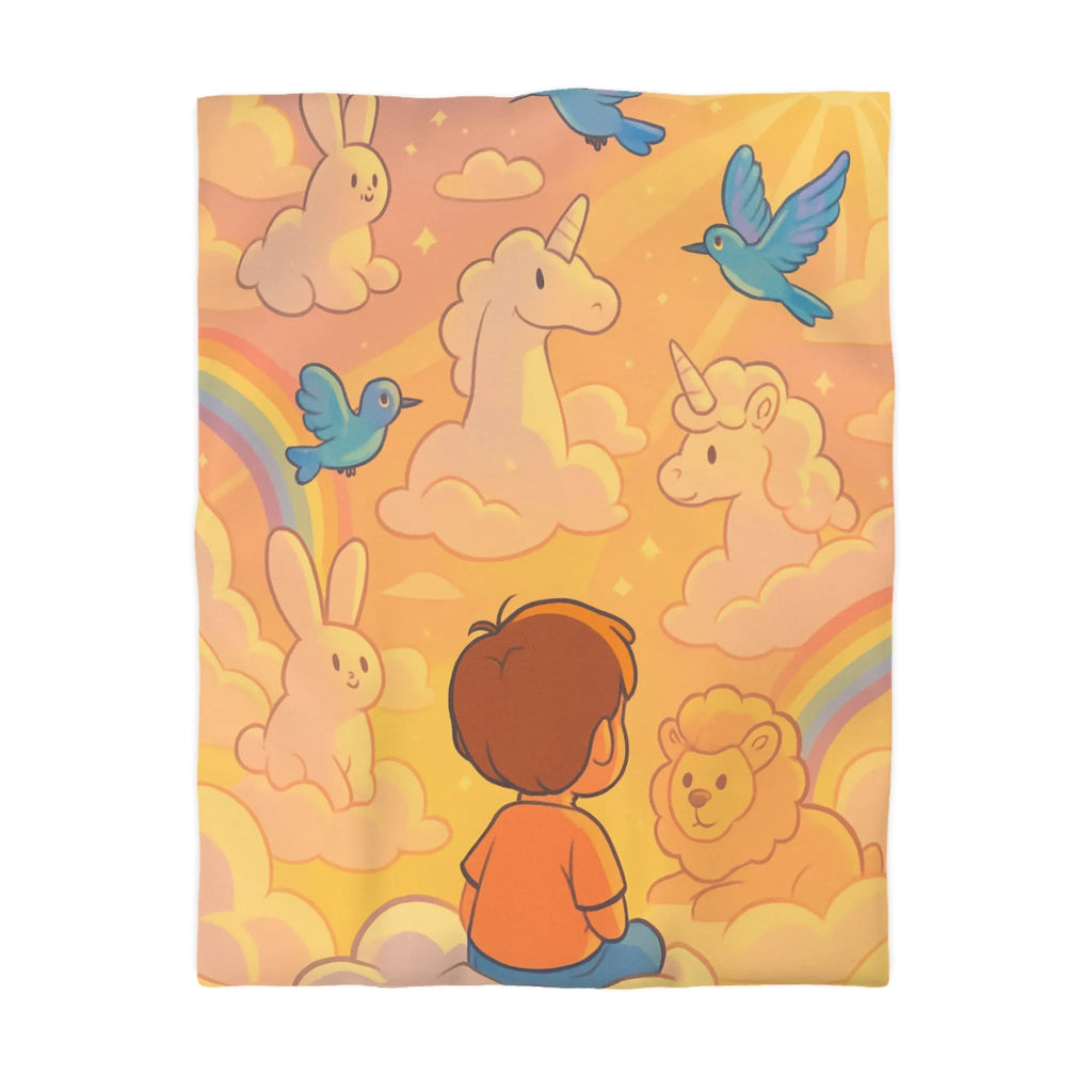 Housse de Couette Enfantine avec Licornes, Lapins et Oiseaux dans les Nuages Pastels