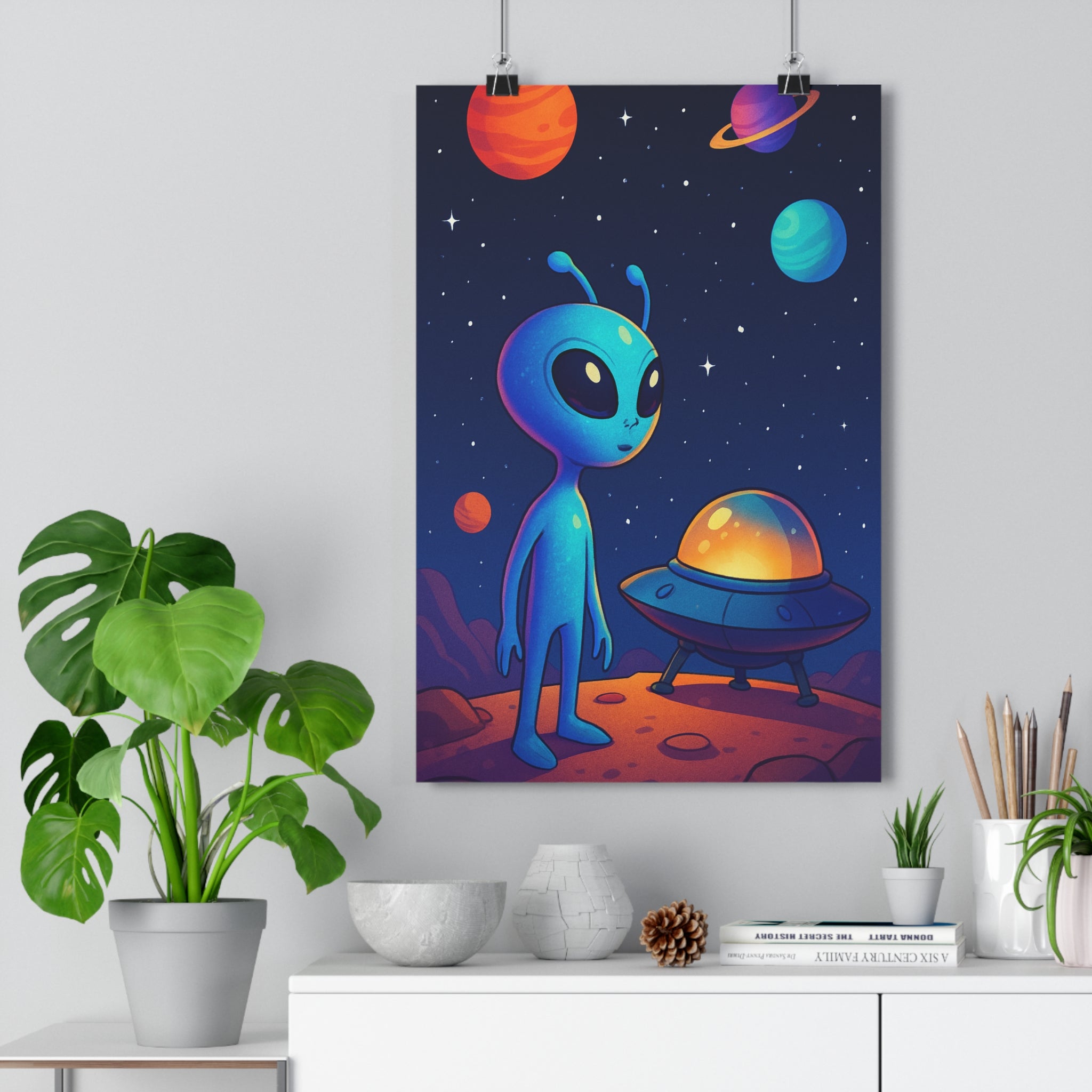 Poster décoratif extraterrestre bleu cartoon enfant chambre ludique vibrant amusant mystique planète étoilé coloré