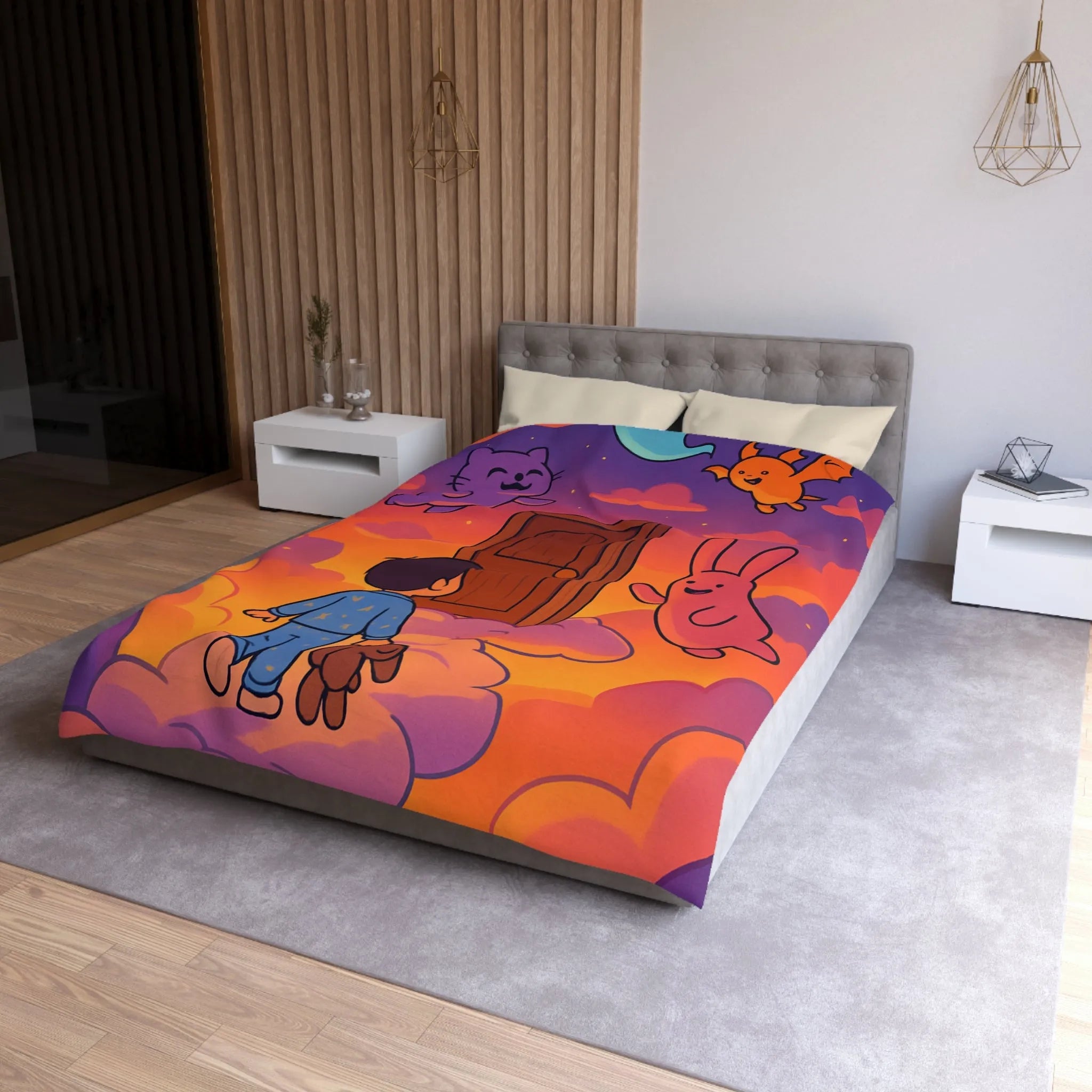 Housse de couette enfants : rêves colorés avec nuages et créatures magiques amusantes