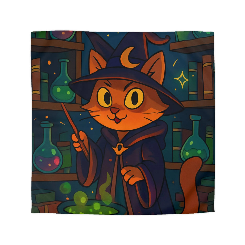 Housse de couette féline magique avec chat sorcier et chaudron dans bibliothèque colorée
