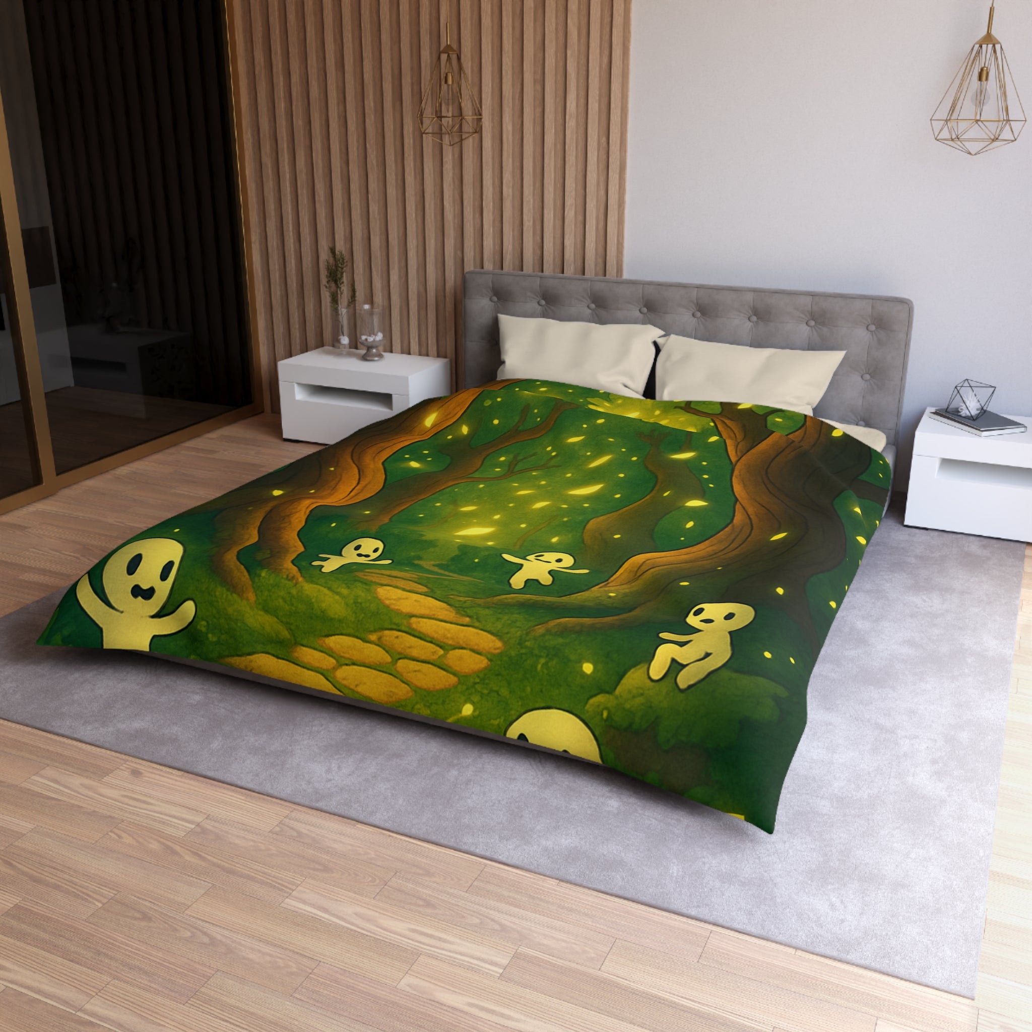 Housse de couette motif forêt magique avec créatures lumineuses ambiance apaisante