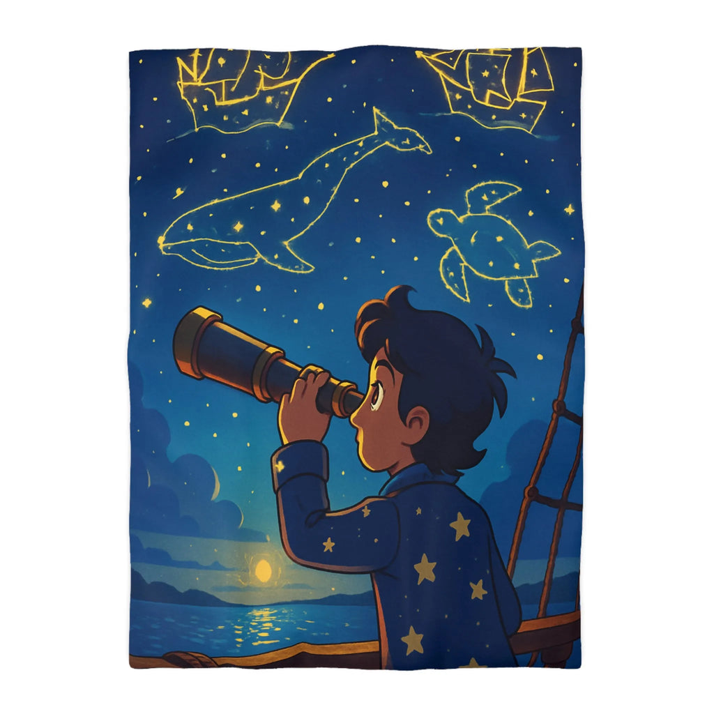 Housse de Couette Étoilée Enfant Rêveur Observant Constellations Célestes Bleu Nuit