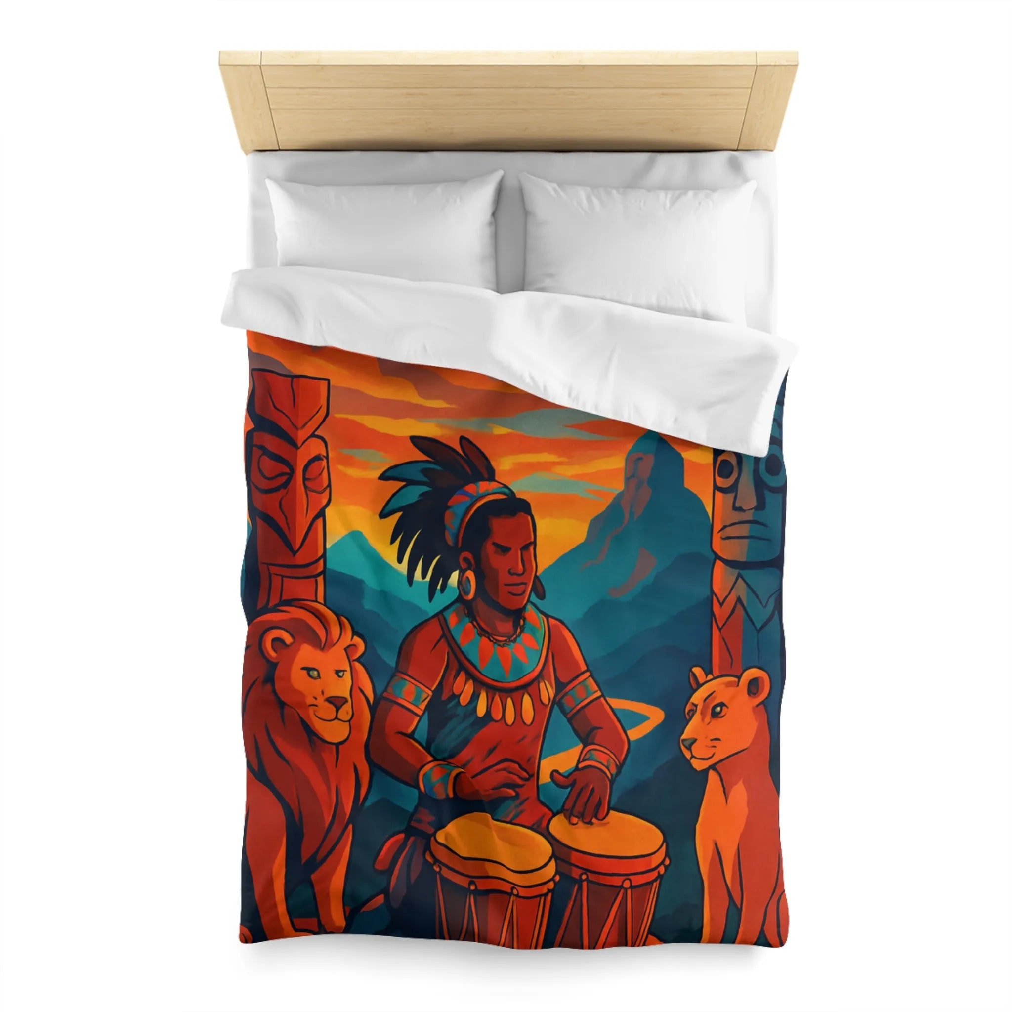 Housse de couette exotique avec musicien, tambours et totems en ambiance chaleureuse