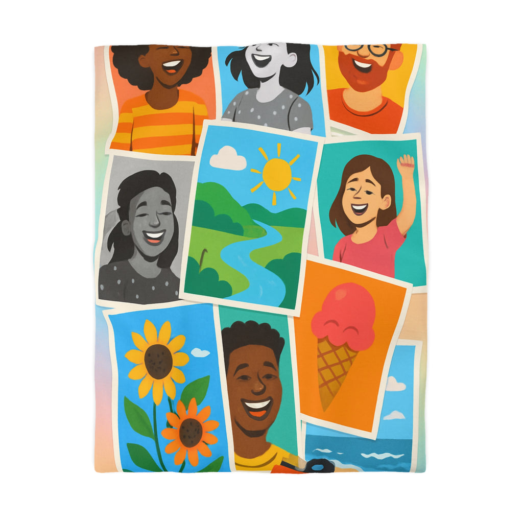 Vibrante housse de couette colorée avec portraits joyeux et paysages ensoleillés pour chambre