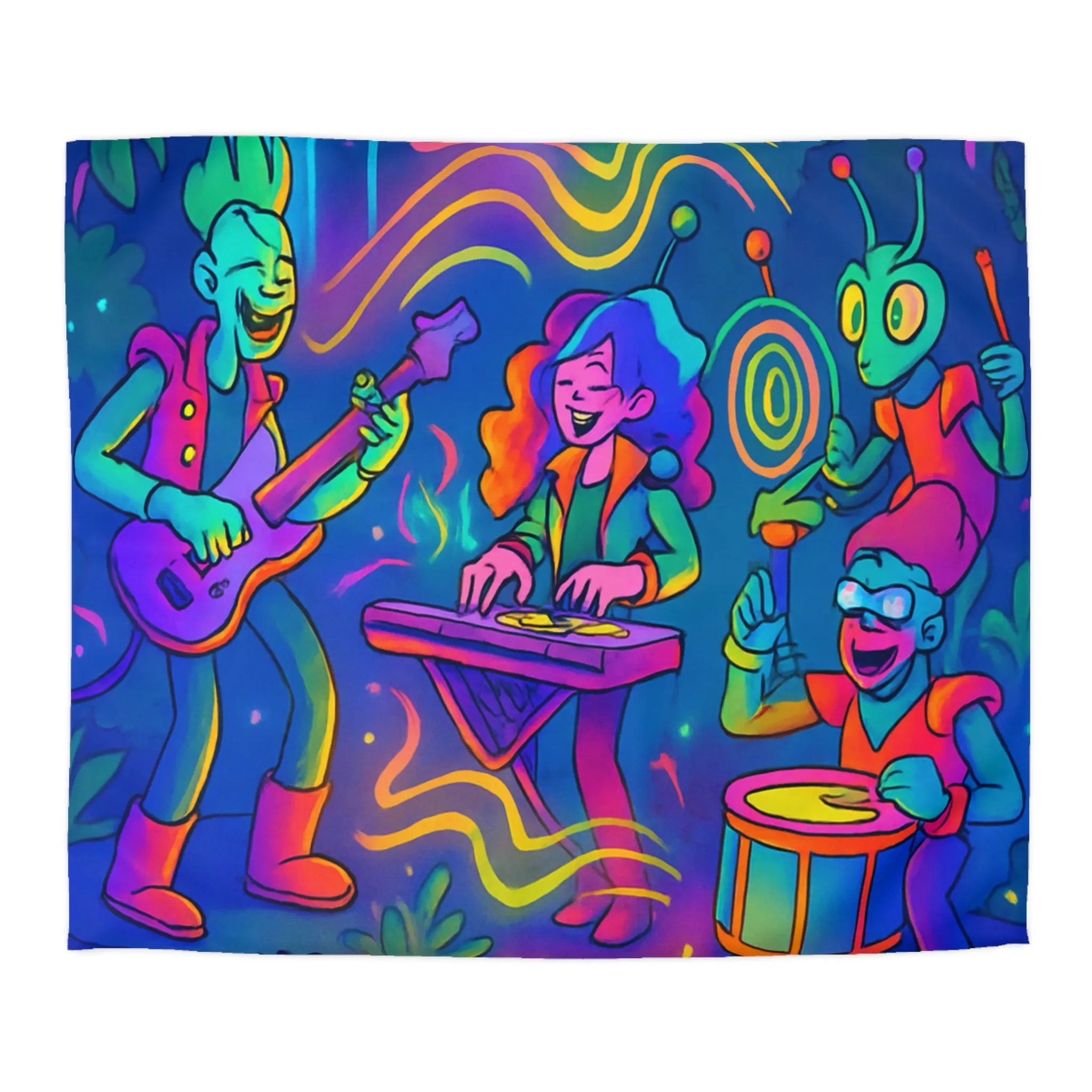 Housse de couette colorée avec une scène de concert de jungle néon vibrant