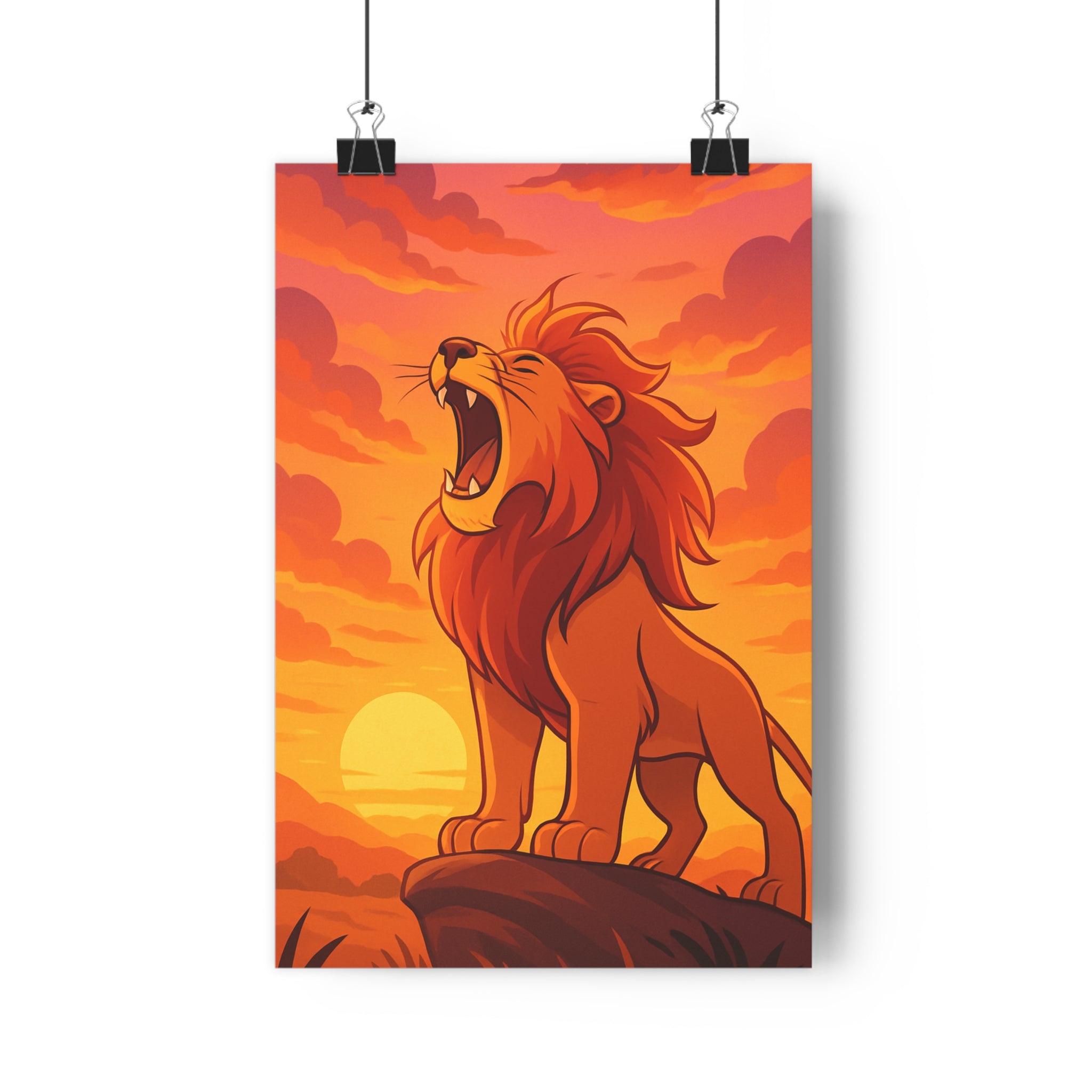 Poster décoratif lion dessin animé jaune orange nature chambre salon vibrant dynamique unique élégant