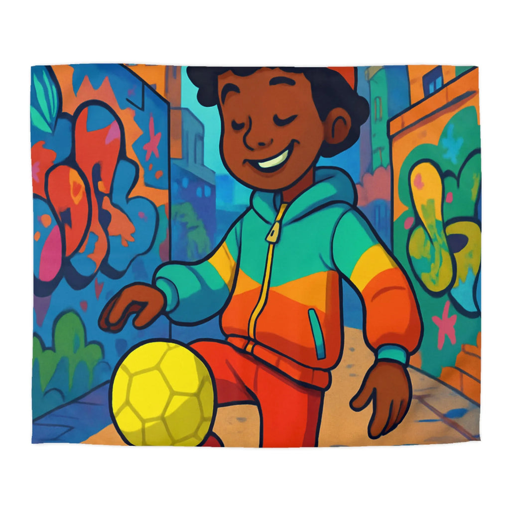 Housse de couette colorée enfant avec graffitis, garçon et ballon en jeu urbain