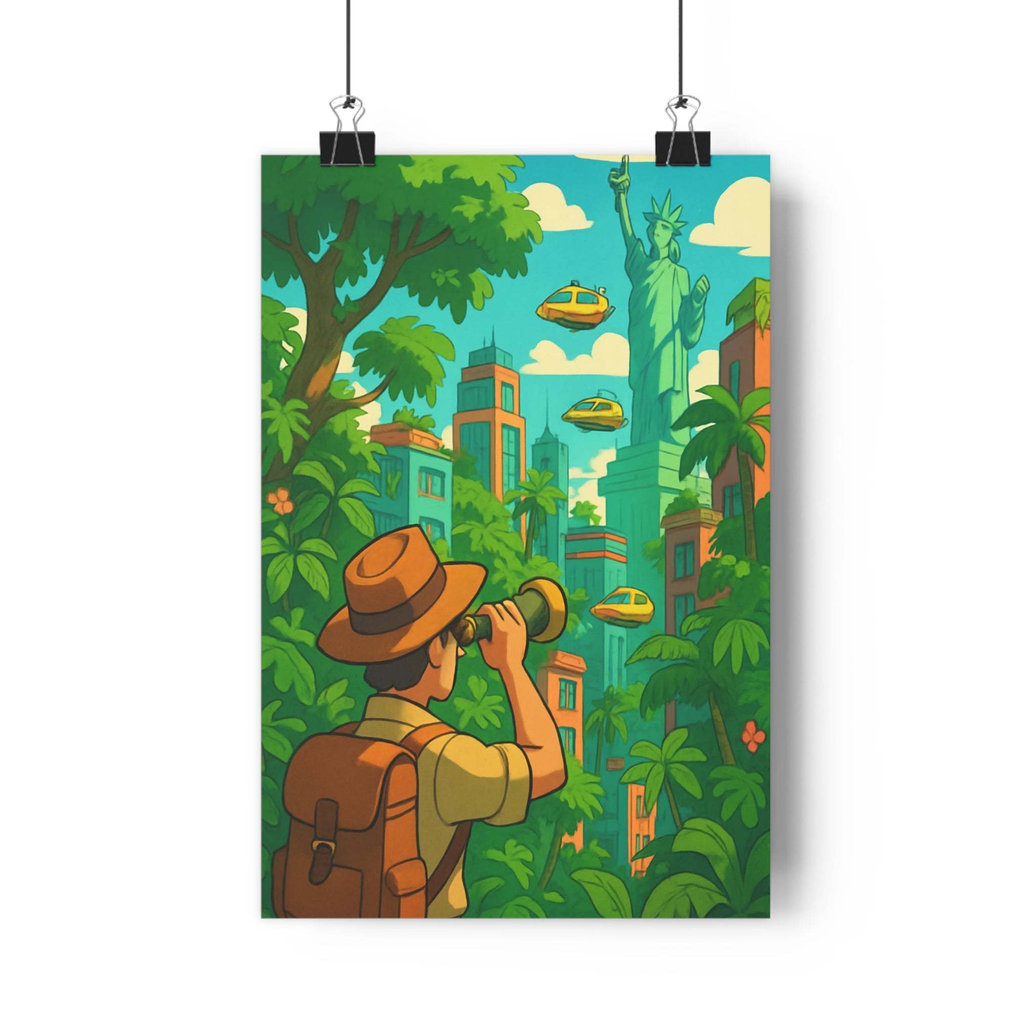 Poster décoratif jungle urbaine fantastique dessin animé vert bleu aventure moderne salon chambre qualité