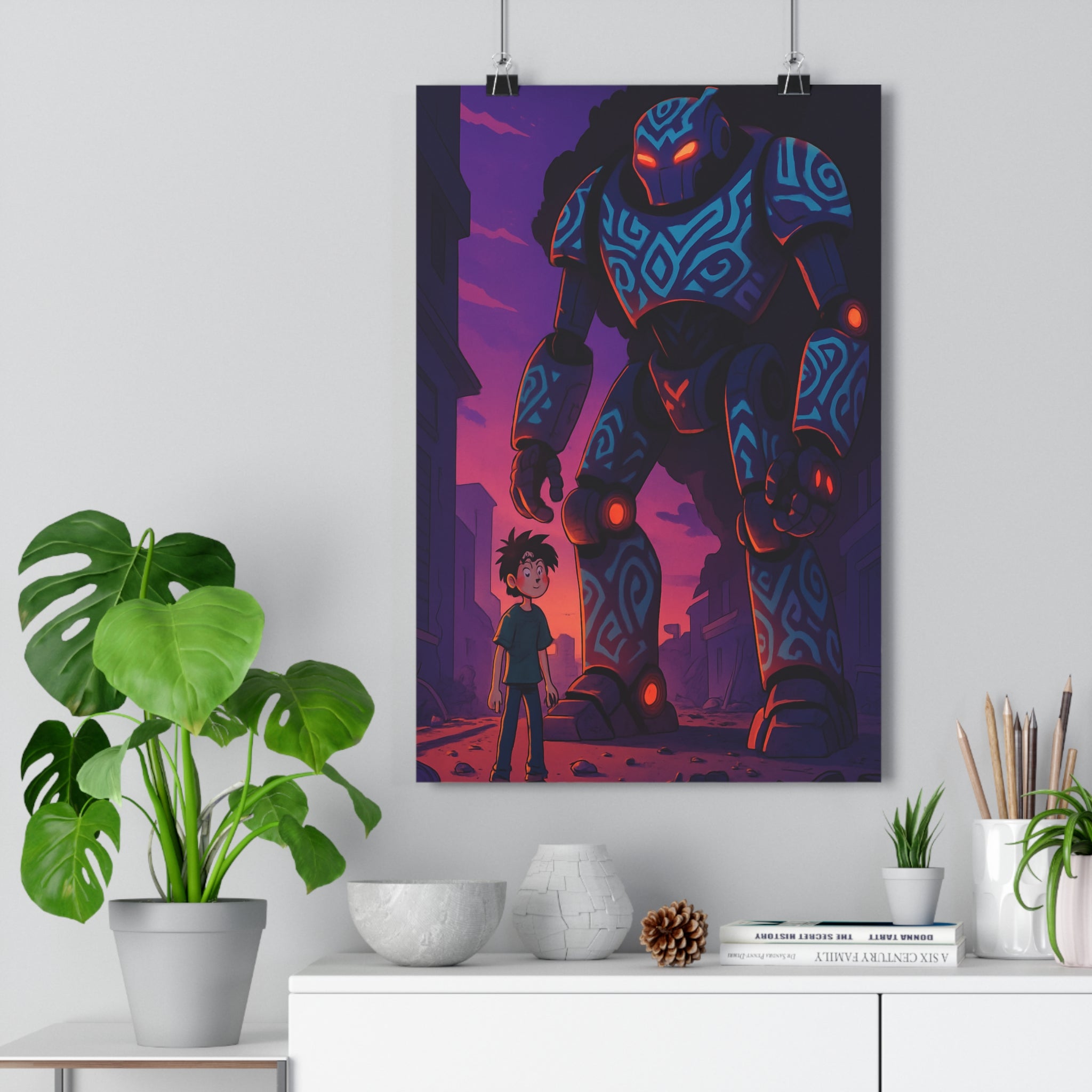 Poster décoratif robotique bleu rouge crépuscule ambiance dramatique moderne adolescent chambre bureau 30x46 qualité