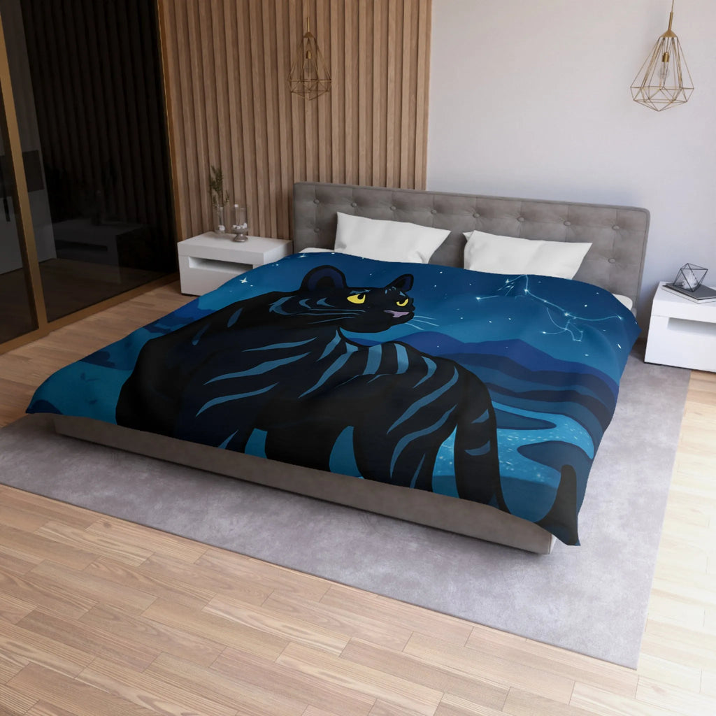 Housse de couette étoilée : Chat noir constellé sous une pleine lune éclatante