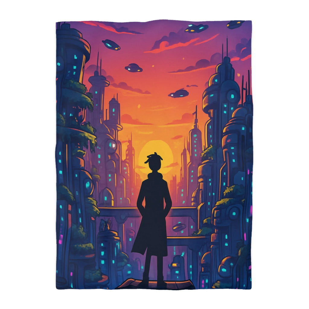 Housse de Couette Futuriste avec Paysage Urbain et Ciel Étoilé Orange et Bleu