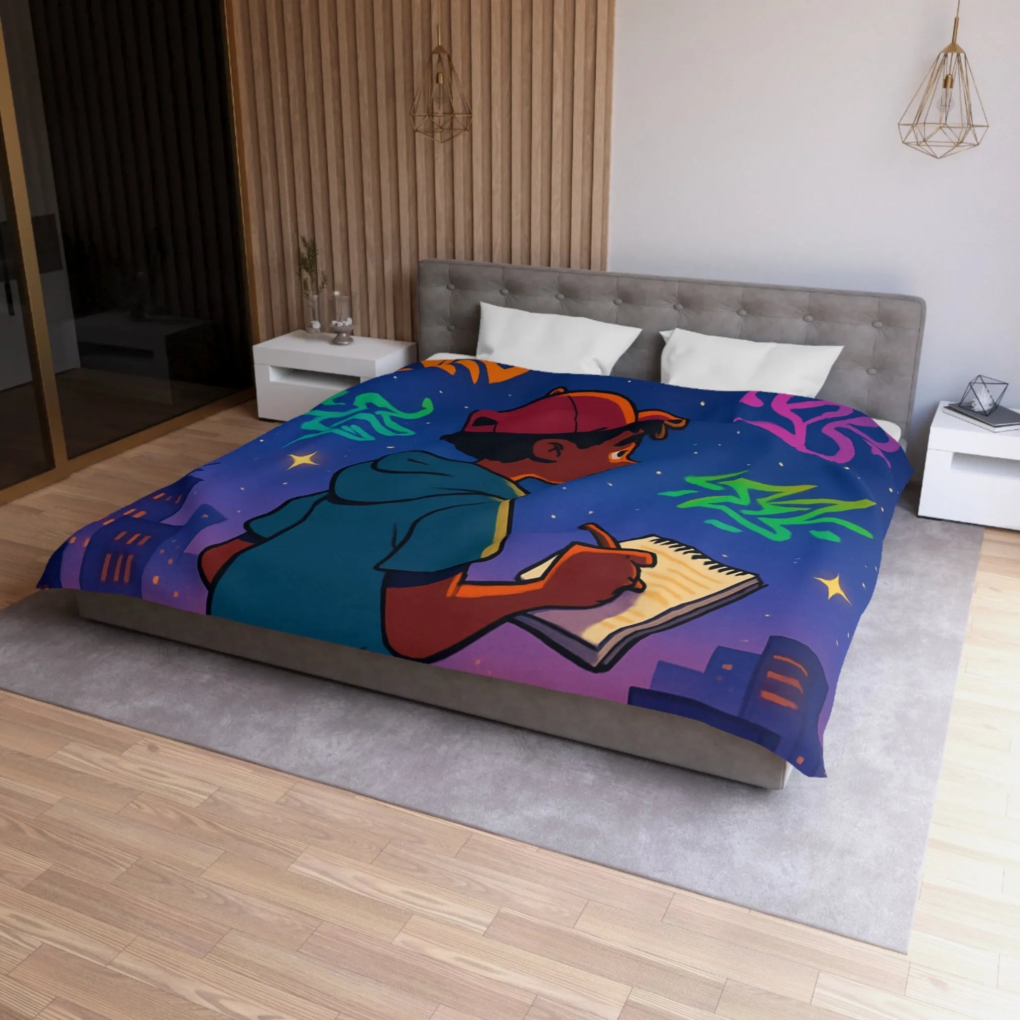 Housse de couette avec jeune artiste dessinant sous un ciel étoilé urbain coloré