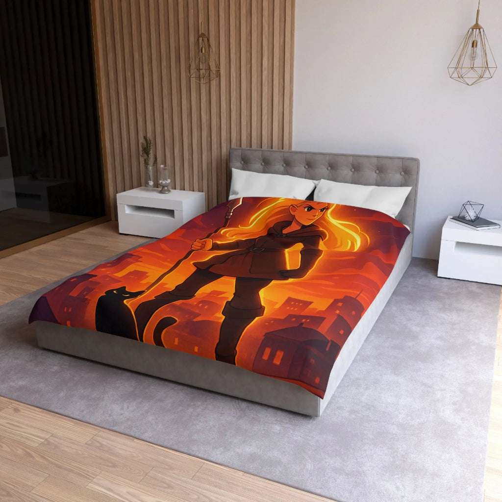 Housse de Couette Fantaisie Aventureuse Avec Guerrière et Chat Noir Sur Fond Urbain