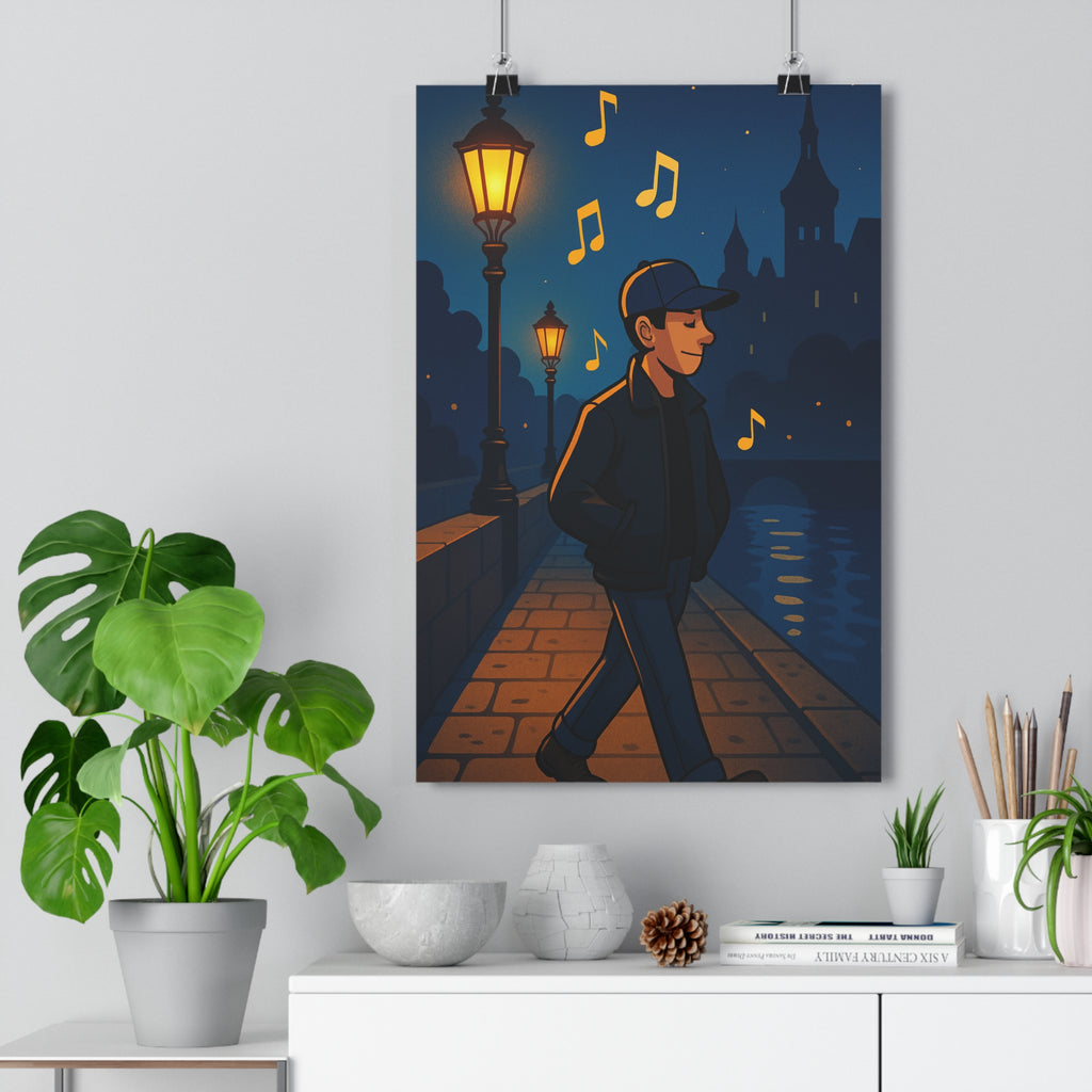 Poster décoratif cartoon urbain nocturne musique lumineux bleu doux salon chambre relaxation ambiance qualité