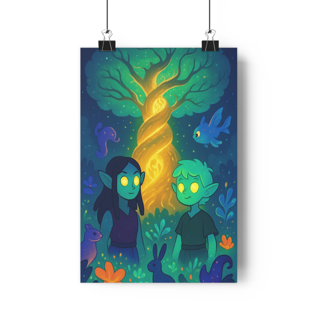 Poster décoratif magique anime vert bleu mystique chambre salon aventure lumineux enchanteur personnages arbre