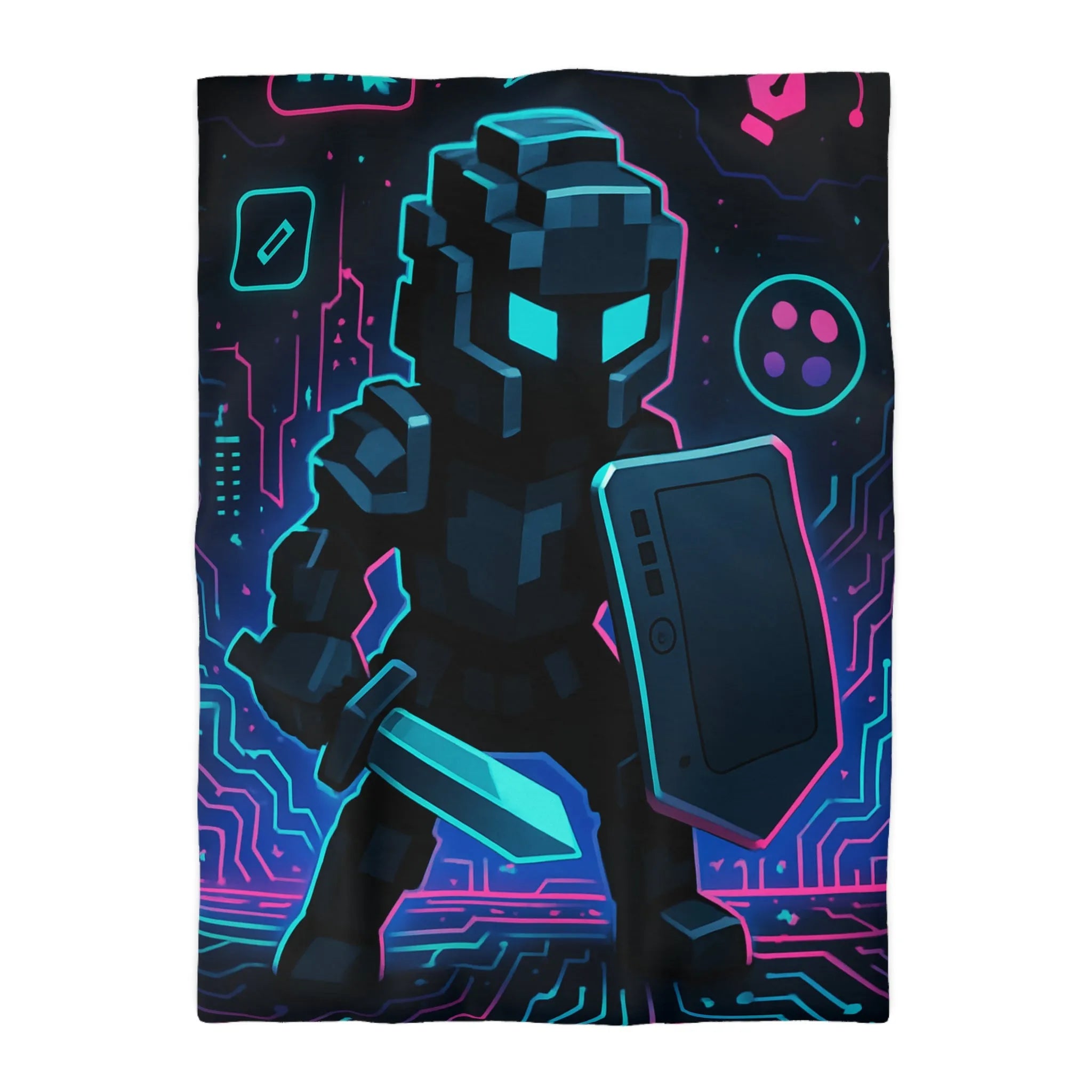 Housse de Couette avec Guerrier Pixel Art et Éléments Numériques Lumineux Nocturnes
