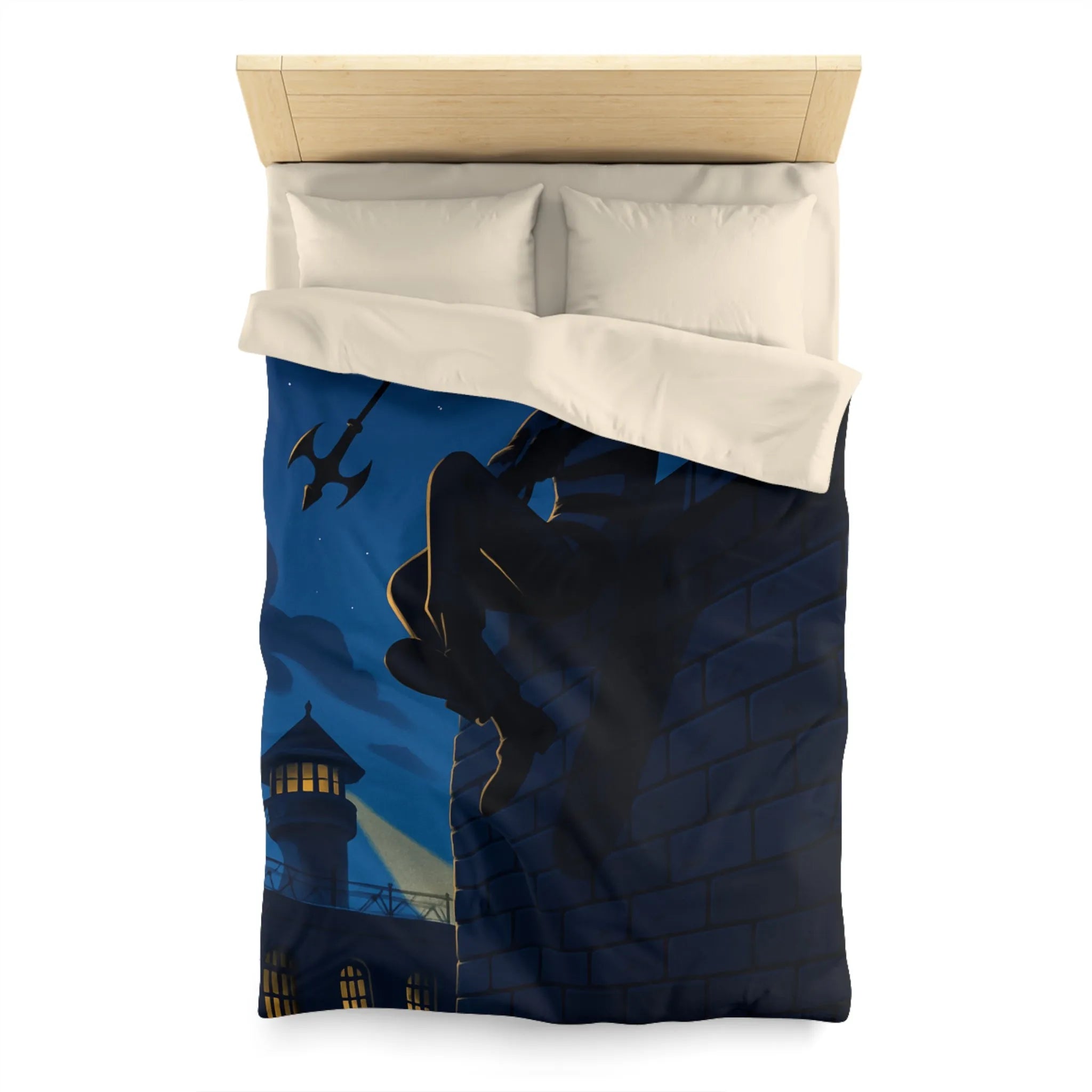 Housse de couette avec artiste en fuite sous ciel étoilé, ambiance nocturne captivante