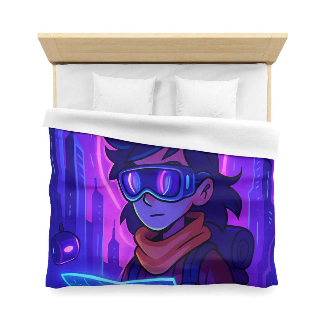 Housse de couette bleue violette style futuriste avec personnage et carte néon