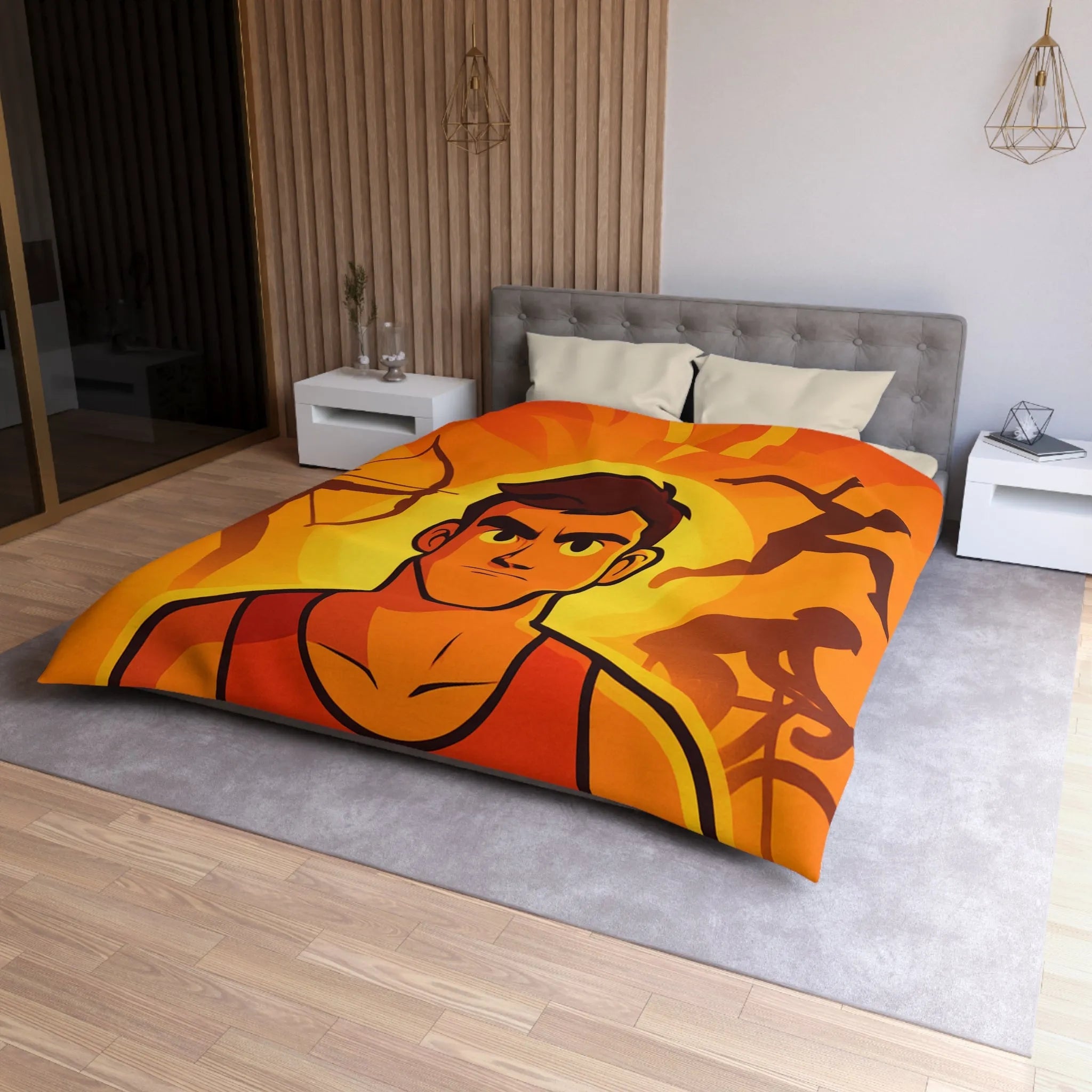 Housse de couette dynamique orange avec motifs sportifs et personnages déterminés en action