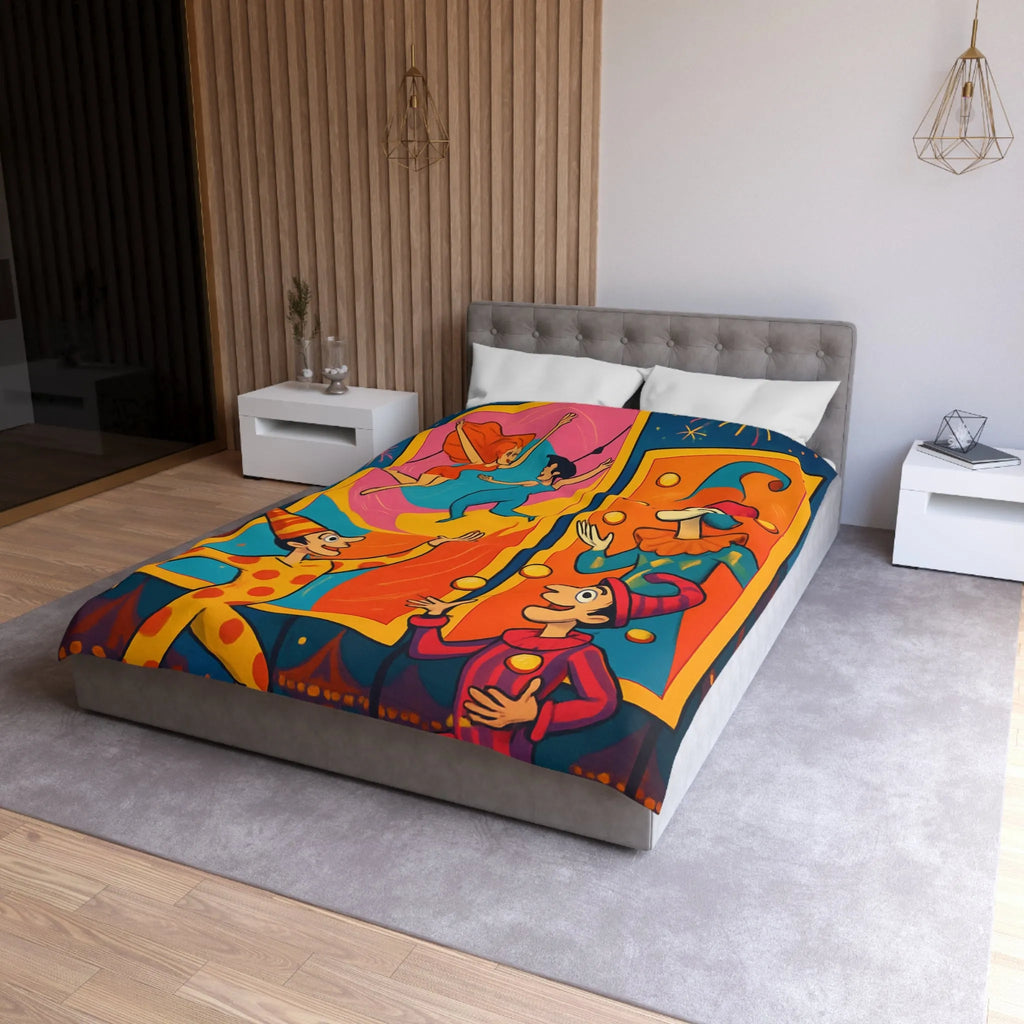 Housse de couette colorée avec jongleurs et acrobates, ambiance festive et joyeuse