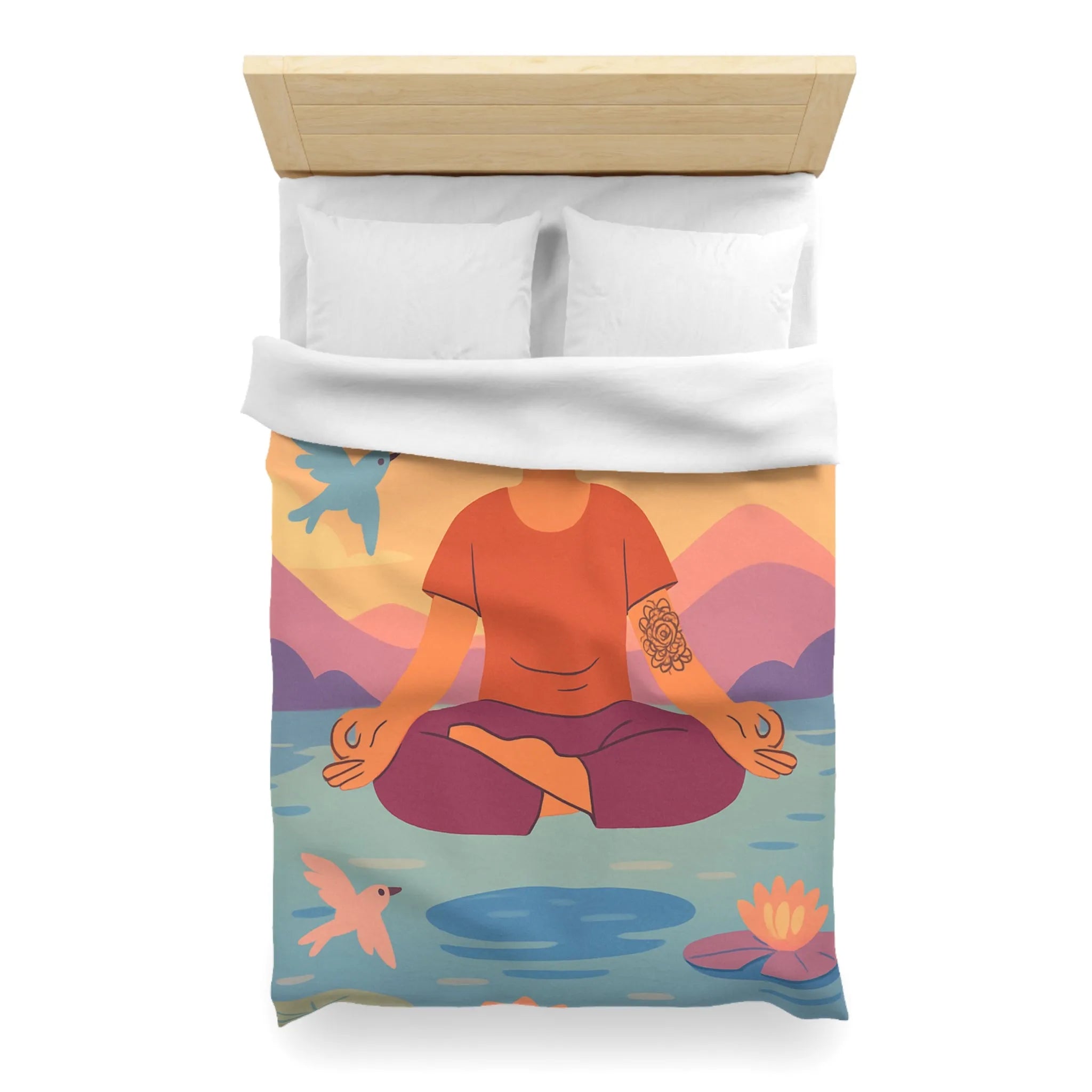 Housse de couette méditative avec motifs paisibles de nature et oiseaux colorés