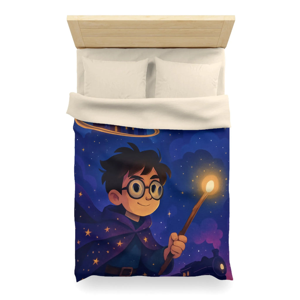 Housse de couette magique bleu nuit avec château, hibou et train enchanté