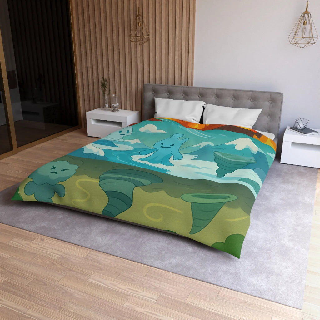 Housse de couette illustrant esprits élémentaires dans des paysages fantastiques vibrants et colorés