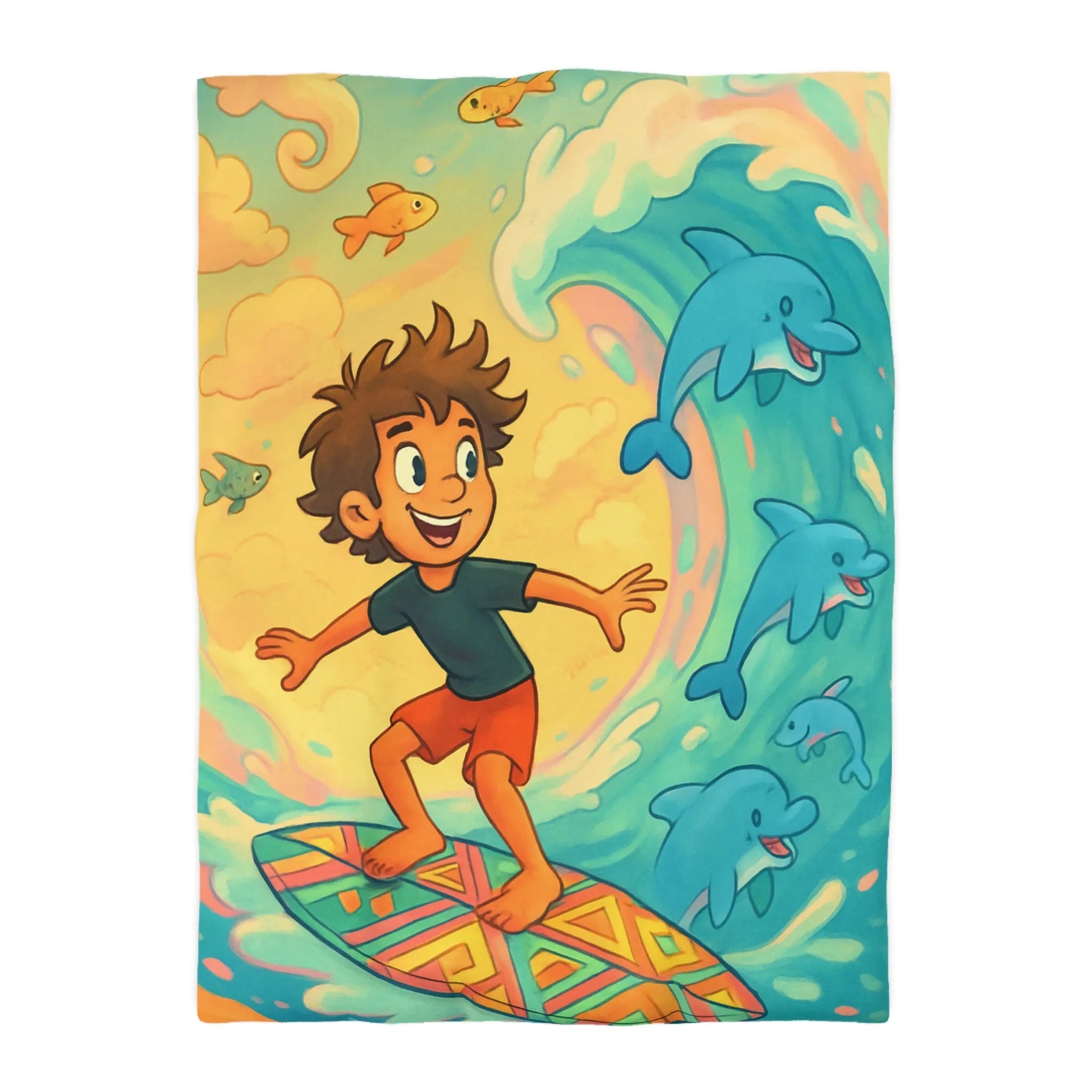 Housse de couette enfantine avec surf, dauphins joyeux et couleurs vives, ambiance océane