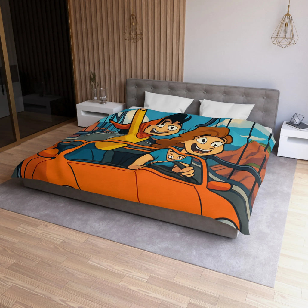 Housse de couette colorée avec illustration de famille en voiture sur pont suspendu