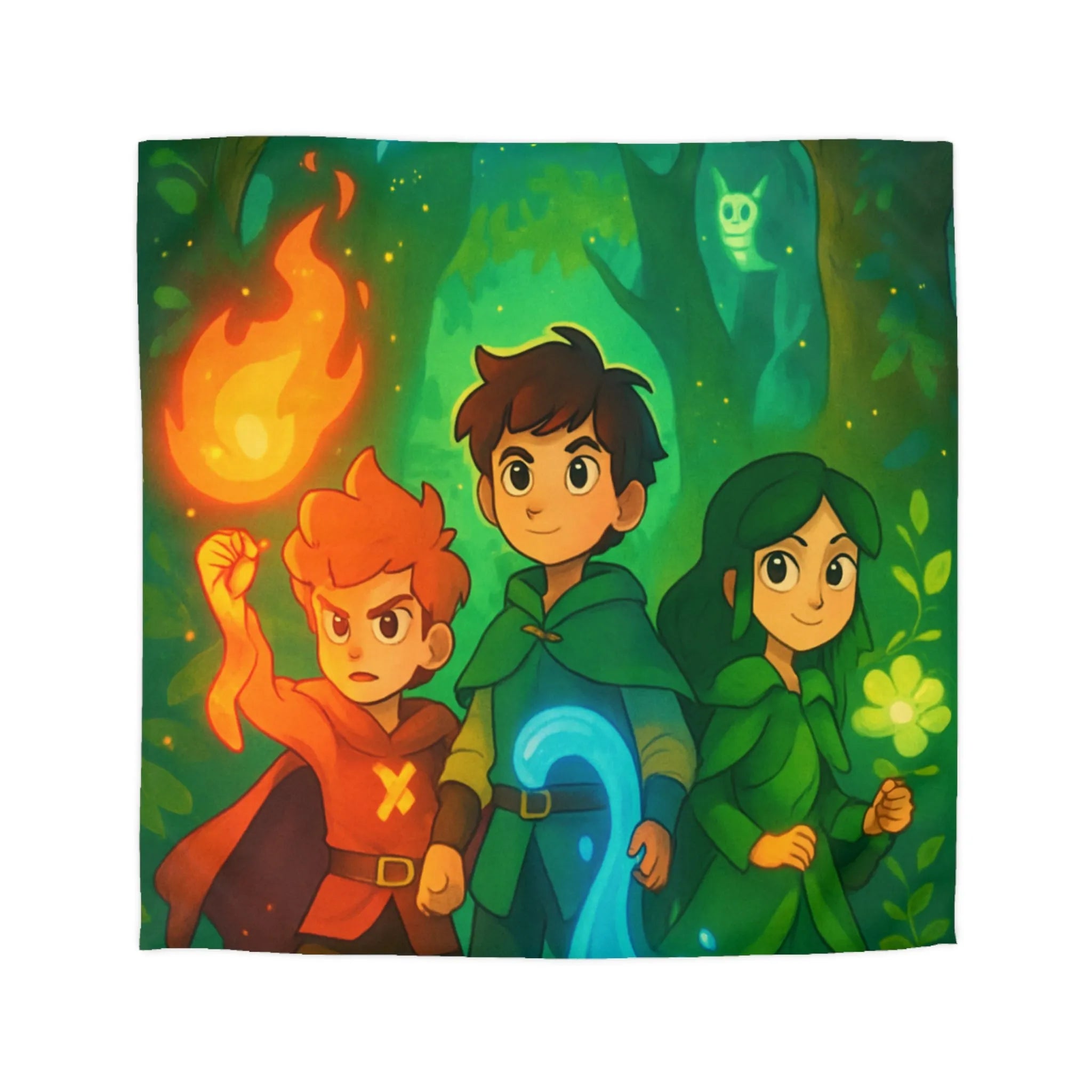 Housse de couette enchantée avec personnages magiques dans une forêt lumineuse et colorée