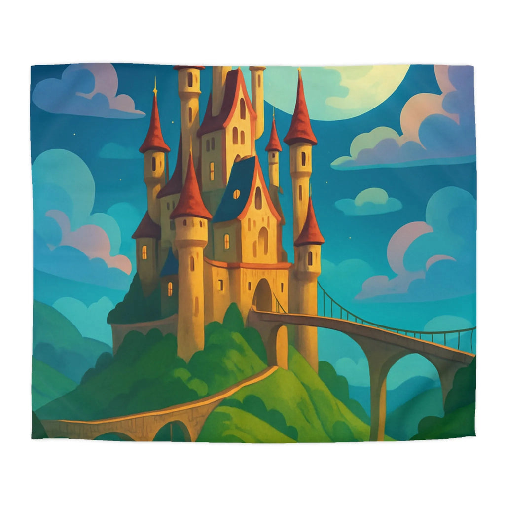 Housse de couette château féerique illuminé par la lune dans un paysage enchanteur nocturne