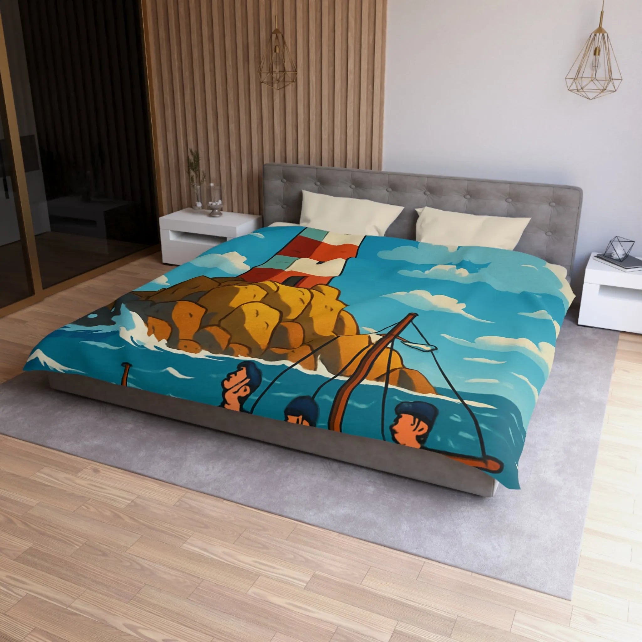 Housse de couette maritime avec phare, bateau et équipage sur mer agitée