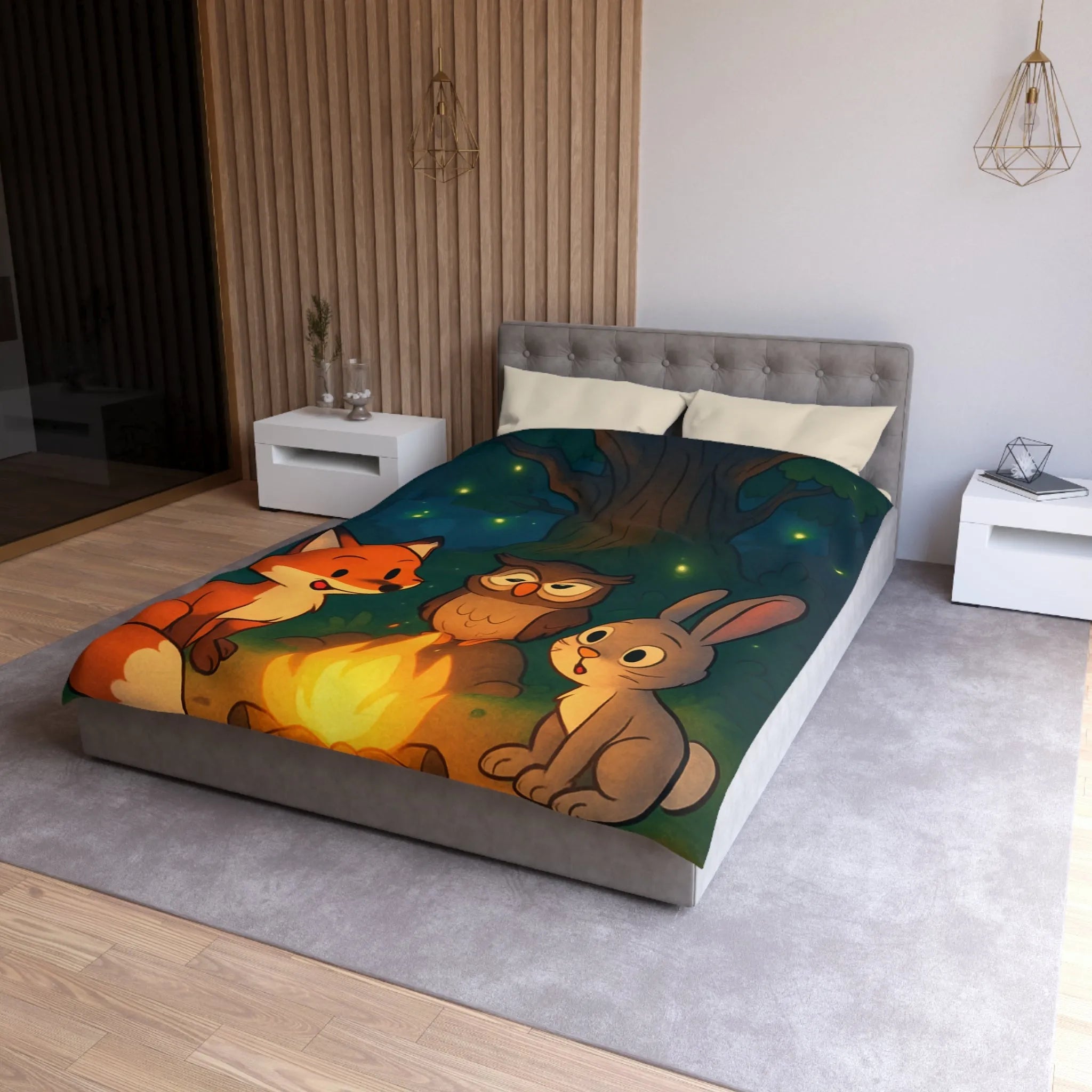 Housse de couette forêt mystique animaux autour du feu sous ciel étoilé magique