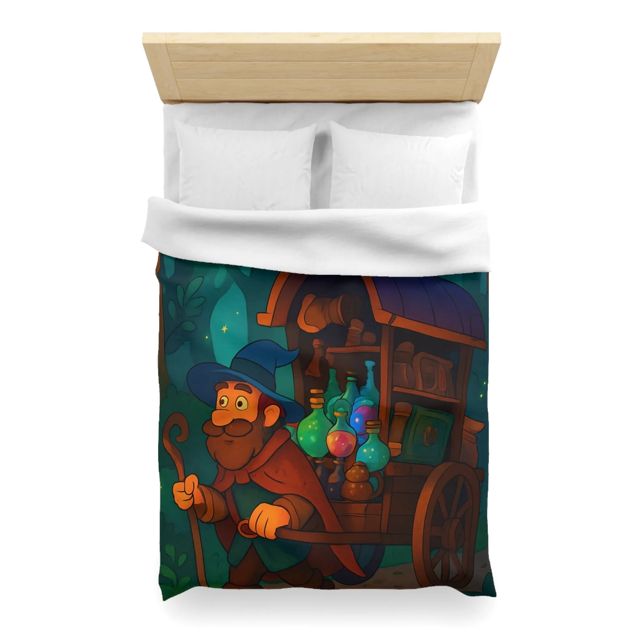 Housse de couette enchantée avec chariot de potions et créatures fantastiques