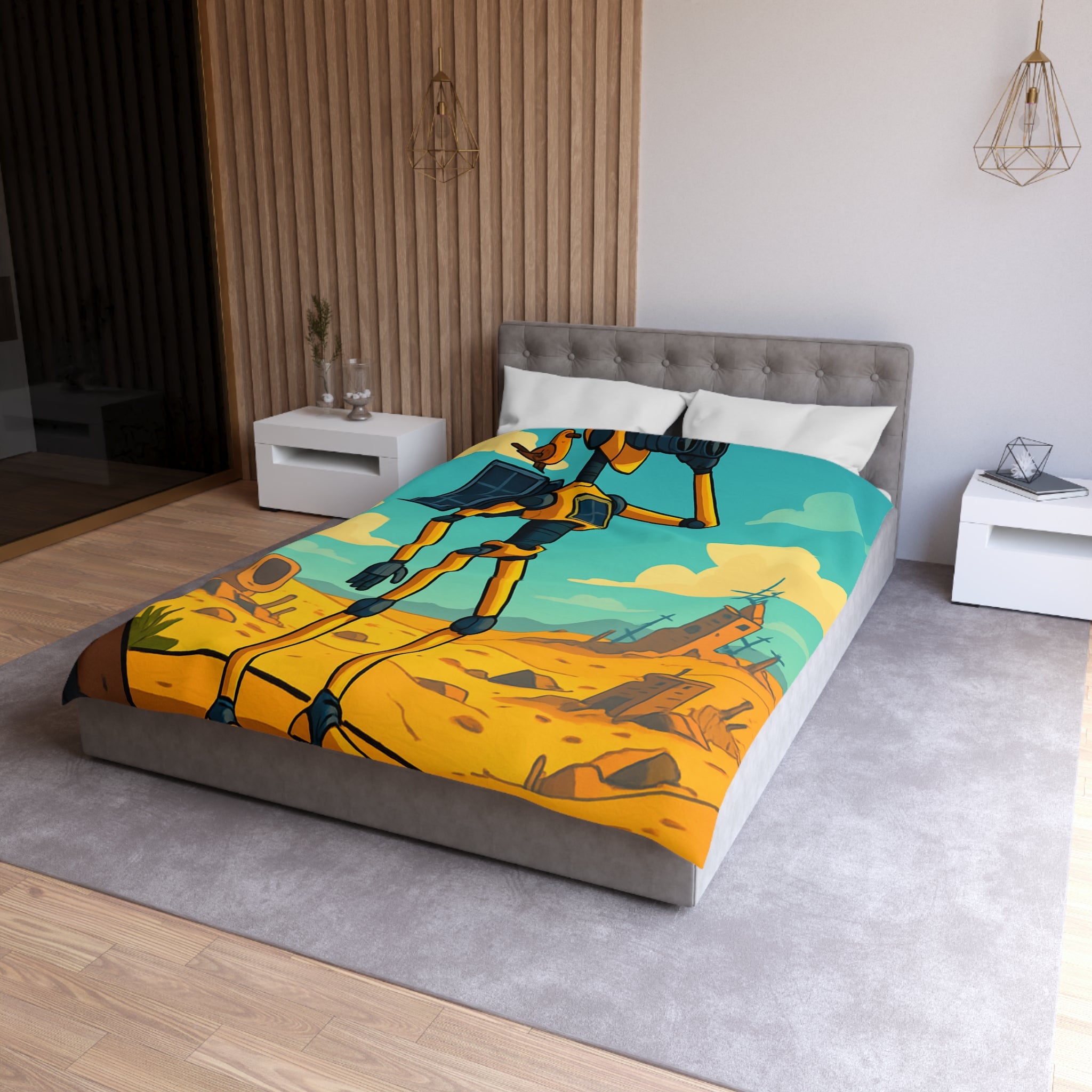 Housse de couette robot jaune explorateur dans désert post-apocalyptique avec oiseau