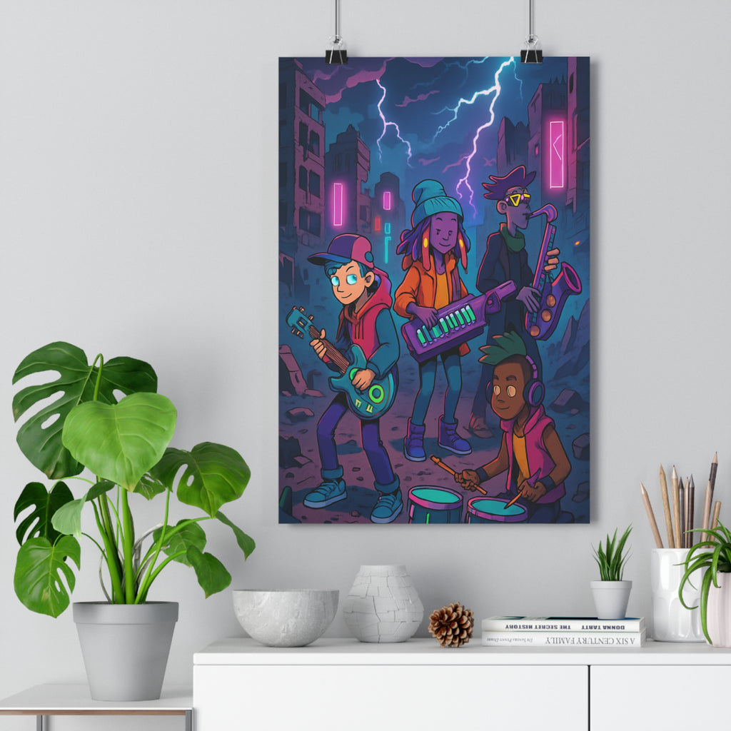 Poster décoratif anime cyberpunk néon futuriste urbain moderne coloré dynamique salon chambre tendance musiciens