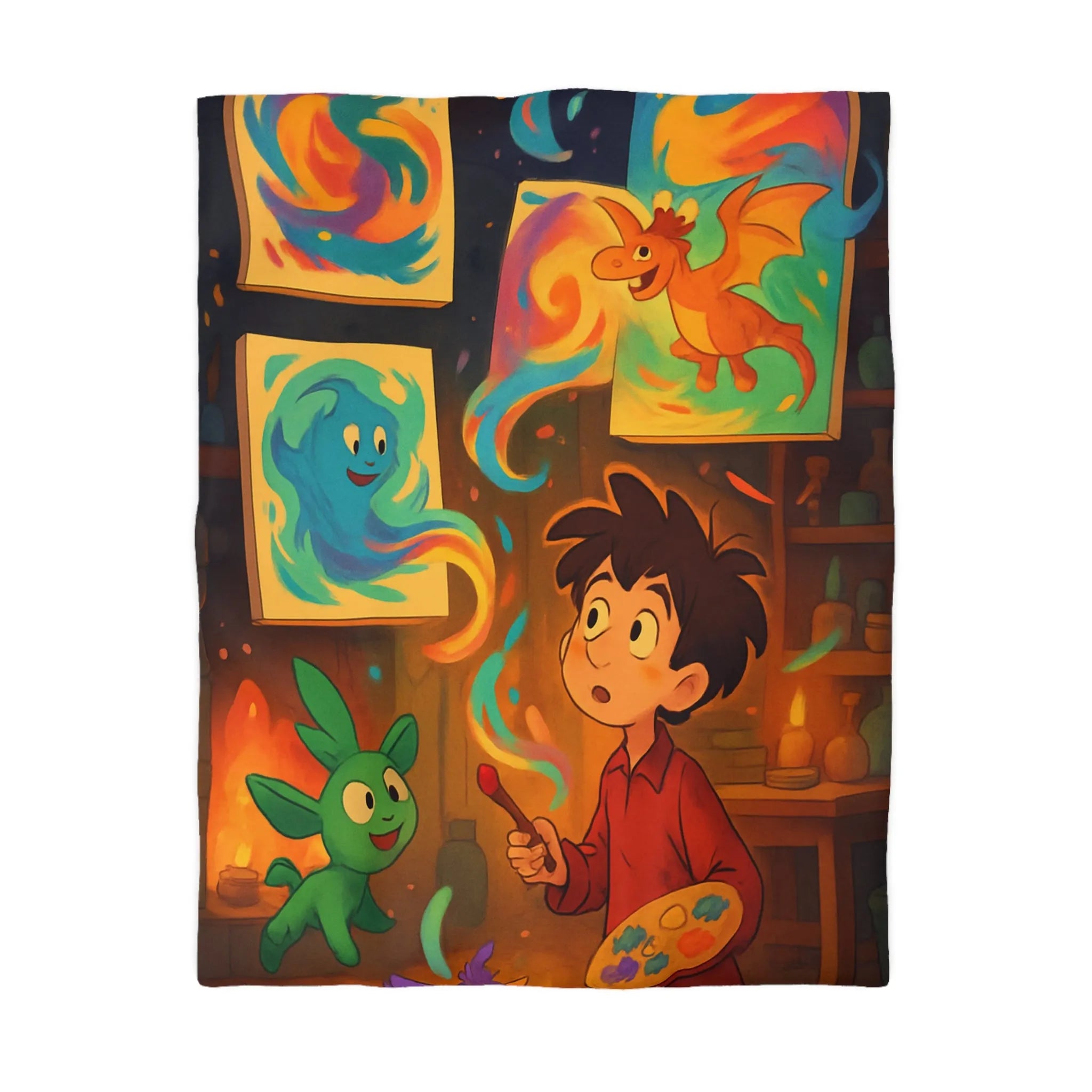 Housse de couette magique illustrant un artiste jeunesse avec créatures fantastiques et peintures lumineuses