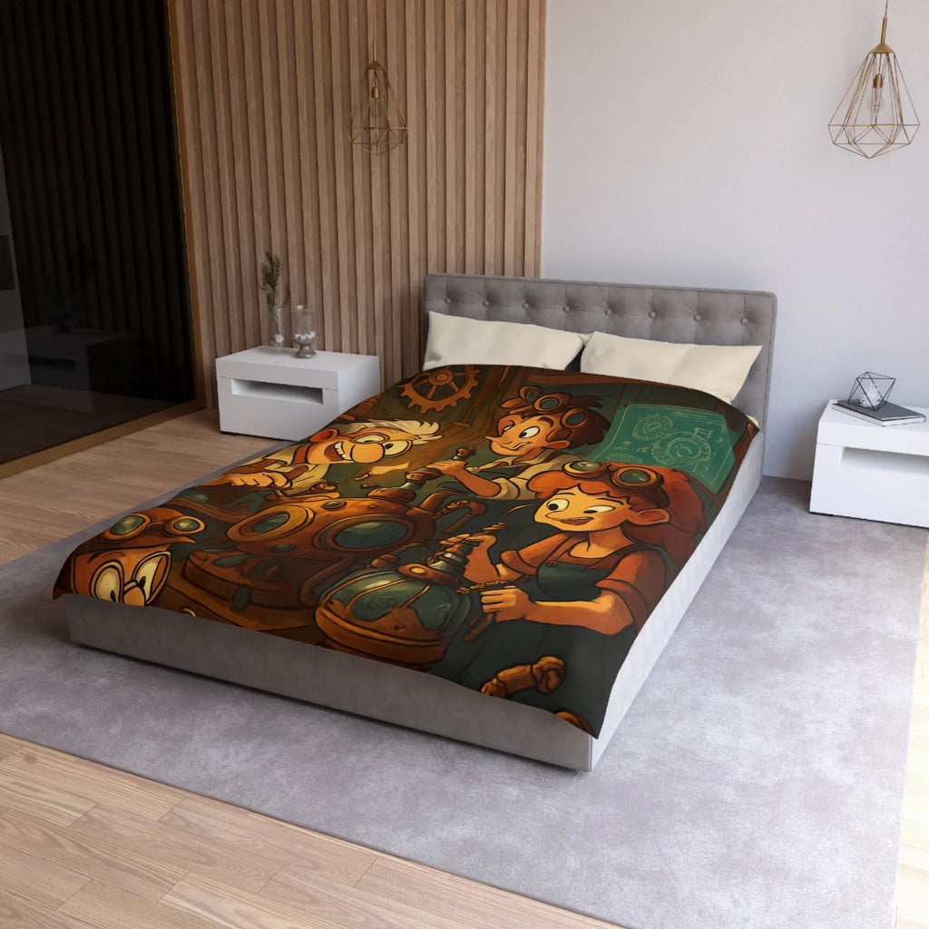 Housse de couette illustrée steampunk avec personnages inventeurs et machines dans atelier